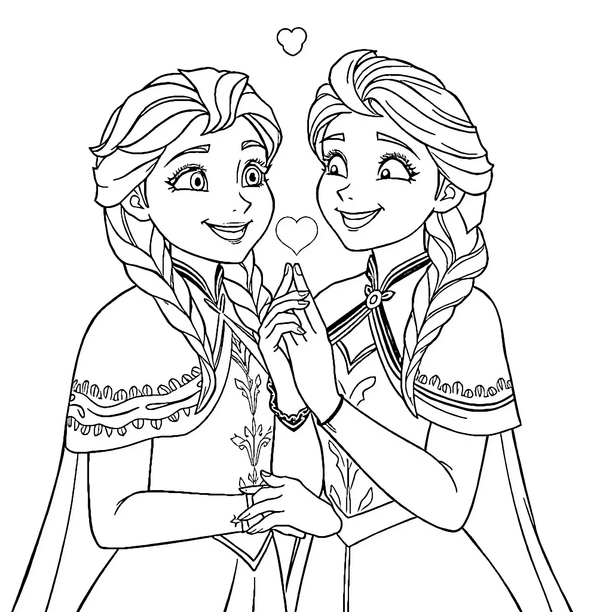 Anna and Elsa sharing a heartfelt moment Coloring Page (free black-and-white line drawing printable PDF for all, from beginners to advanced learners, including children, teens, adults, and seniors)