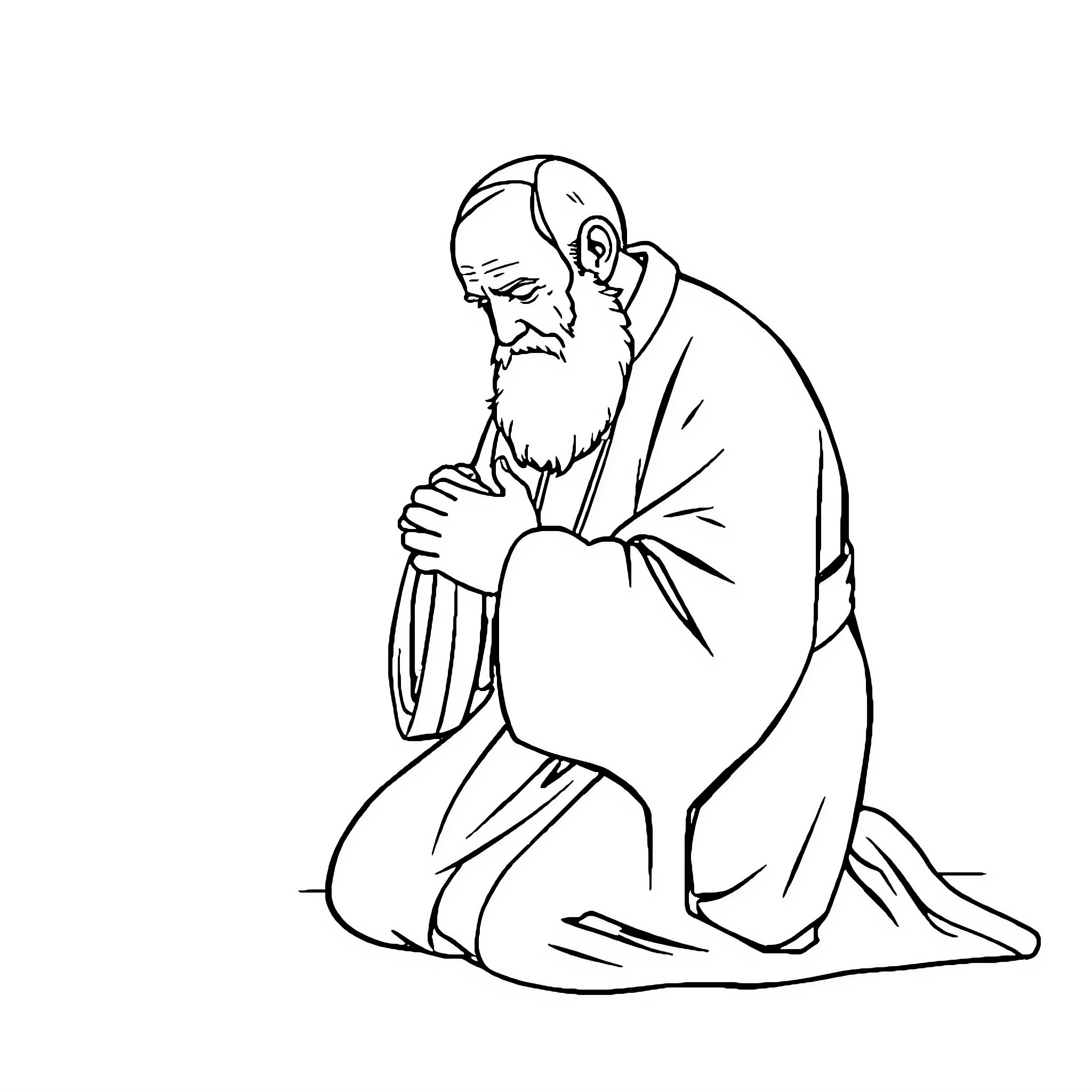 Padre Pio praying in contemplation Coloring Page (free black-and-white line drawing printable PDF for all, from beginners to advanced learners, including children, teens, adults, and seniors)