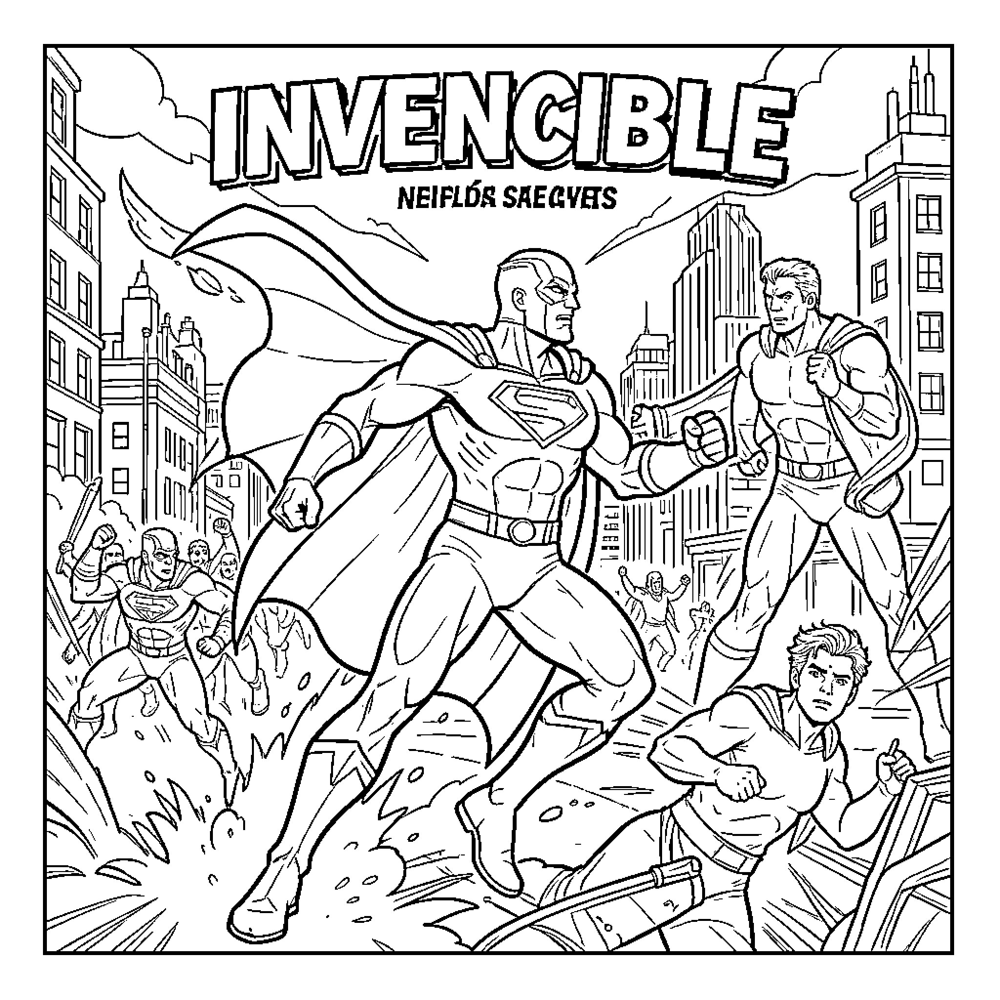 Invincible superheroes fighting intensely amidst a city backdrop Coloring Page (free black-and-white line drawing printable PDF for all, from beginners to advanced learners, including children, teens, adults, and seniors)