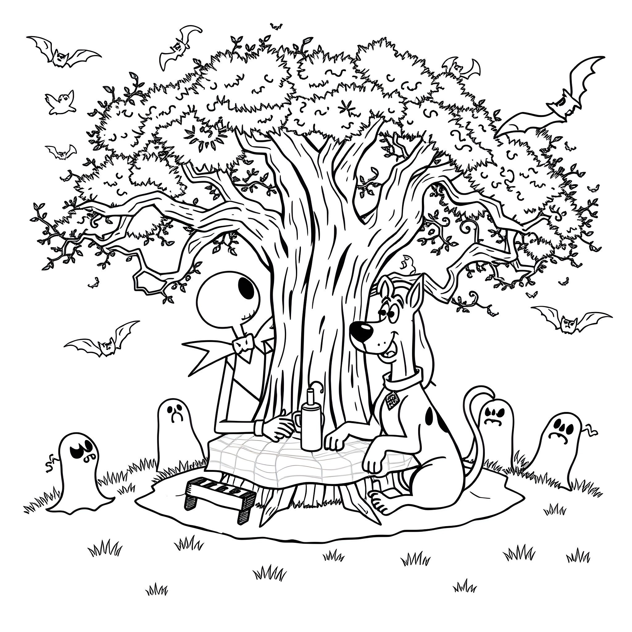 Jack Skellington and Friends in a Ghostly Autumn Scene Coloring Page (free black-and-white line drawing printable PDF for all, from beginners to advanced learners, including children, teens, adults, and seniors)