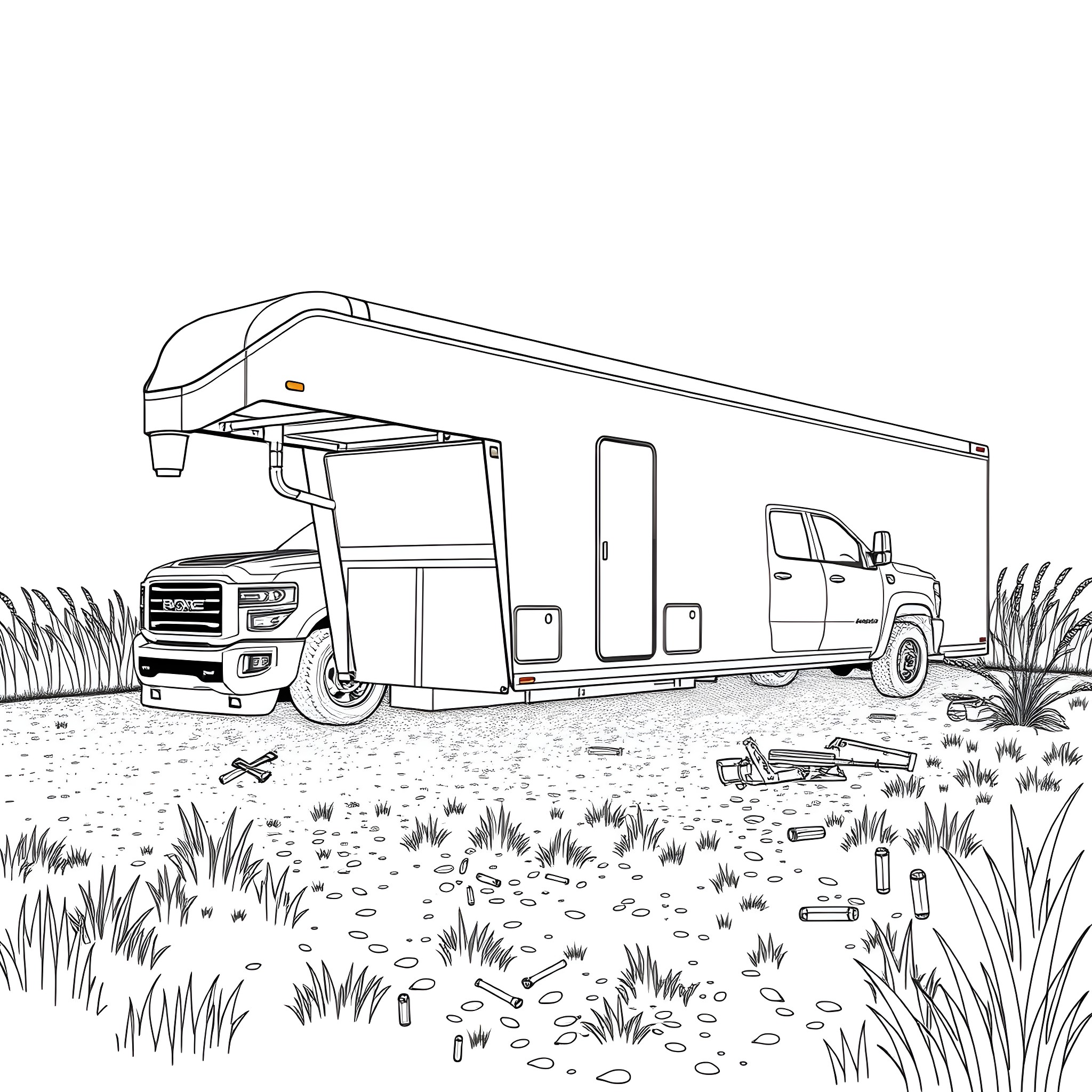 Gooseneck Trailer with Pickup Truck in Grassy Field Coloring Page (free black-and-white line drawing printable PDF for all, from beginners to advanced learners, including children, teens, adults, and seniors)