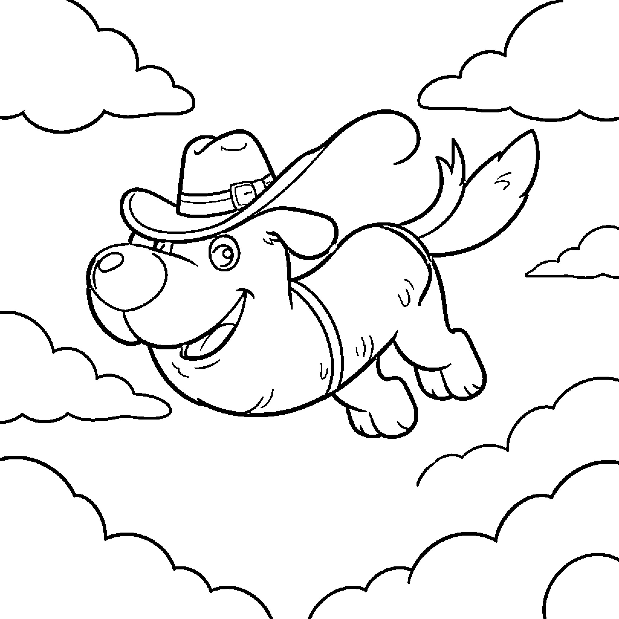 Dachshund joyfully soaring through the clouds Coloring Page (free black-and-white line drawing printable PDF for all, from beginners to advanced learners, including children, teens, adults, and seniors)