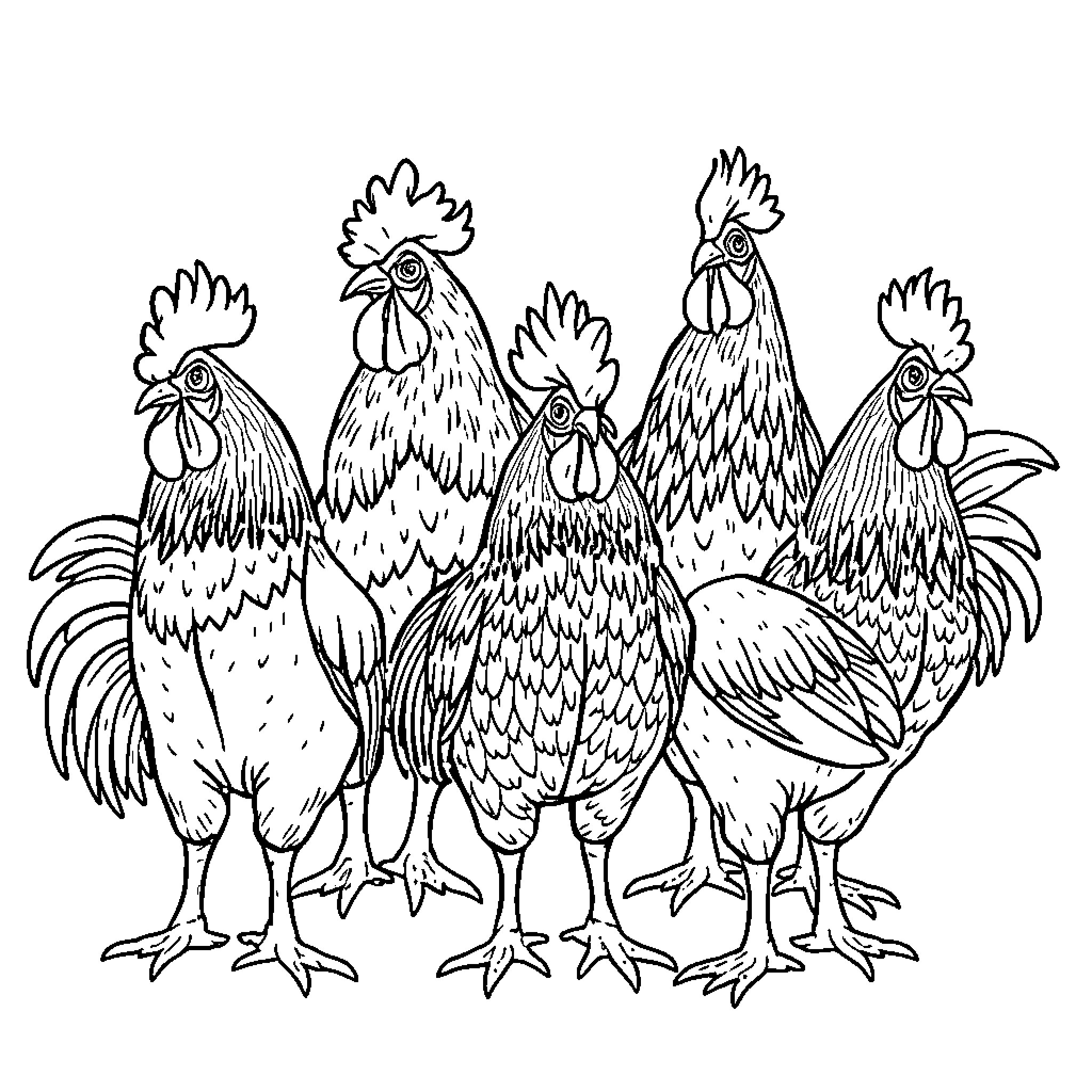 Bonnie's Flock of Feathered Friends Coloring Page (free black-and-white line drawing printable PDF for all, from beginners to advanced learners, including children, teens, adults, and seniors)