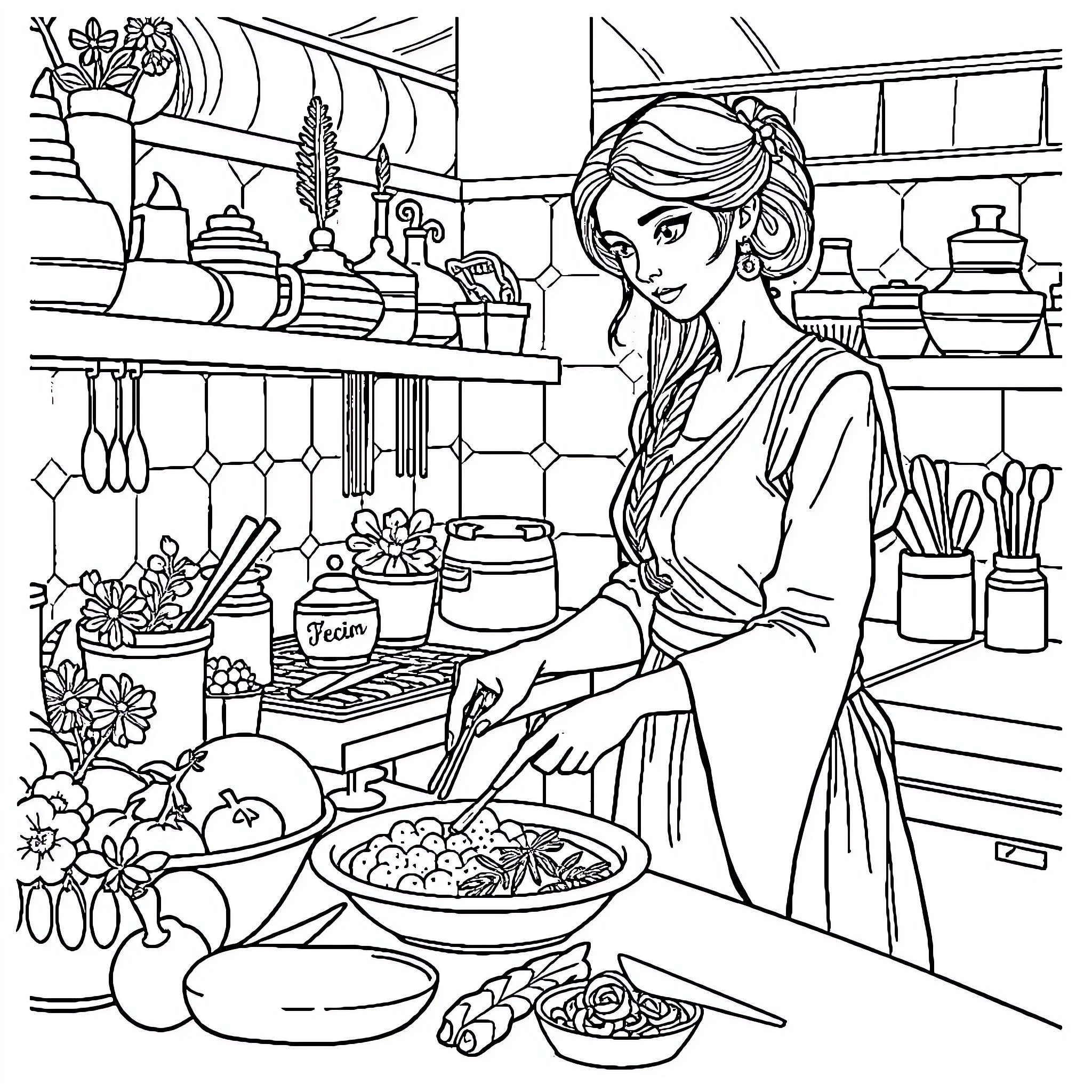 Princess Leia cooking in a cozy kitchen Coloring Page (free black-and-white line drawing printable PDF for all, from beginners to advanced learners, including children, teens, adults, and seniors)