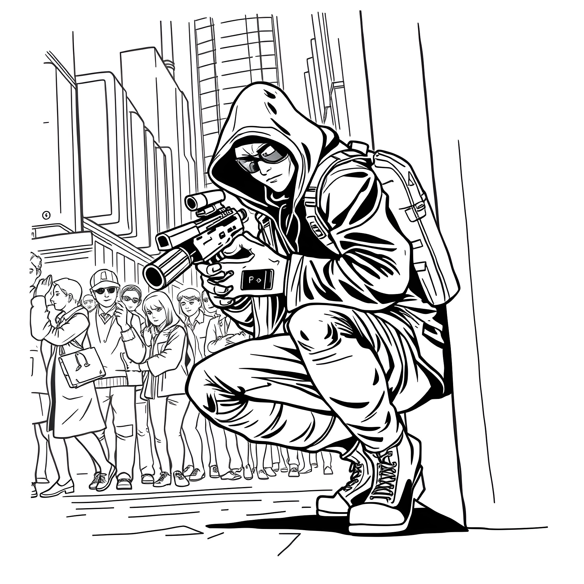 Spy in action among the crowd Coloring Page (free black-and-white line drawing printable PDF for all, from beginners to advanced learners, including children, teens, adults, and seniors)