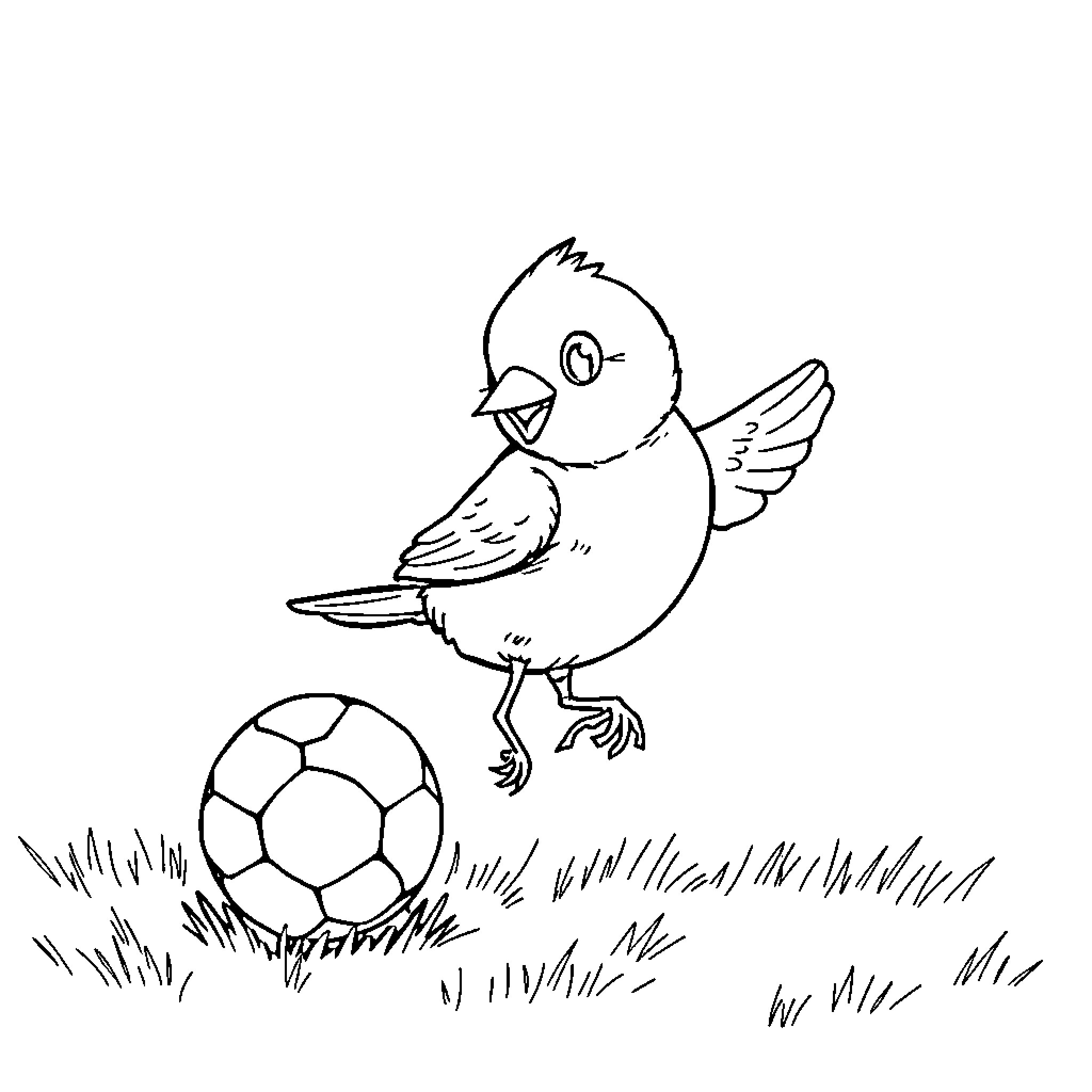 Bird playing with soccer ball on the grass Coloring Page (free black-and-white line drawing printable PDF for all, from beginners to advanced learners, including children, teens, adults, and seniors)