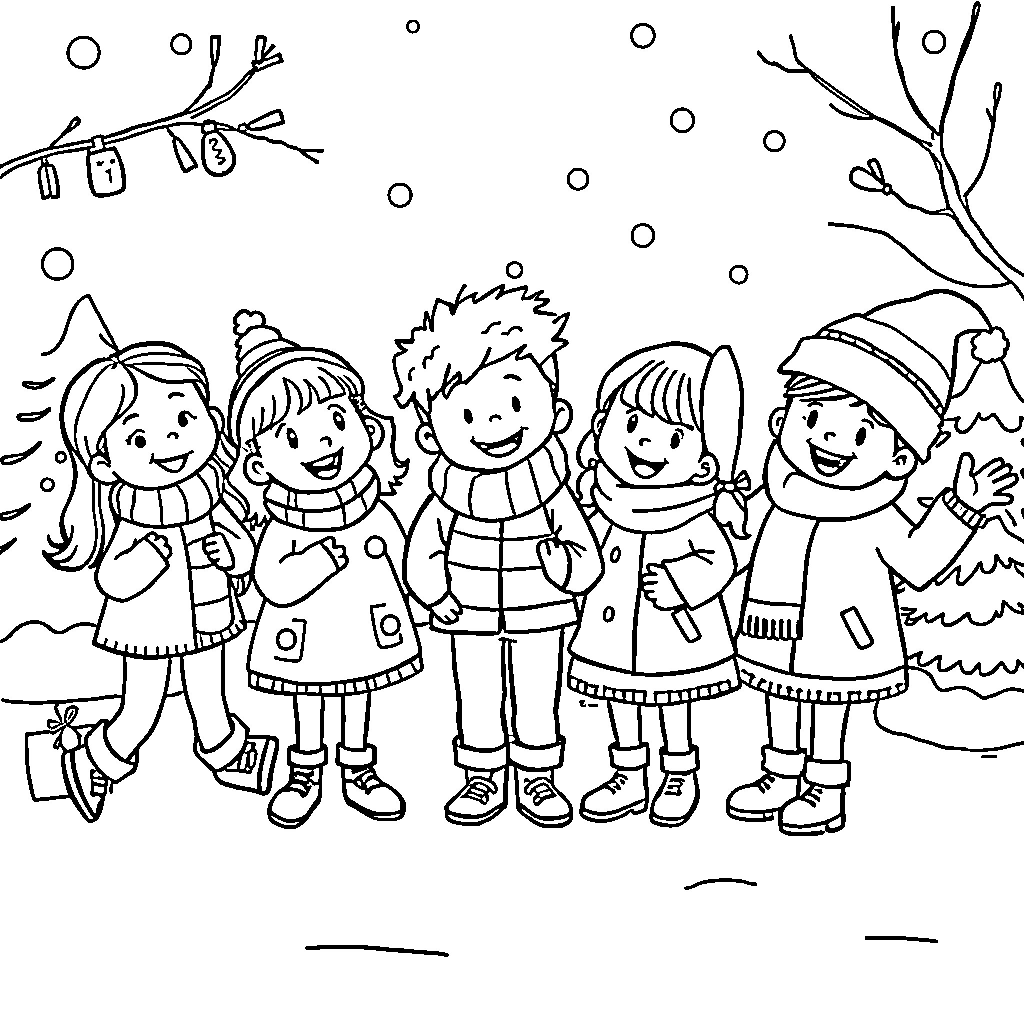 Character group playing in winter wonderland Coloring Page (free black-and-white line drawing printable PDF for all, from beginners to advanced learners, including children, teens, adults, and seniors)