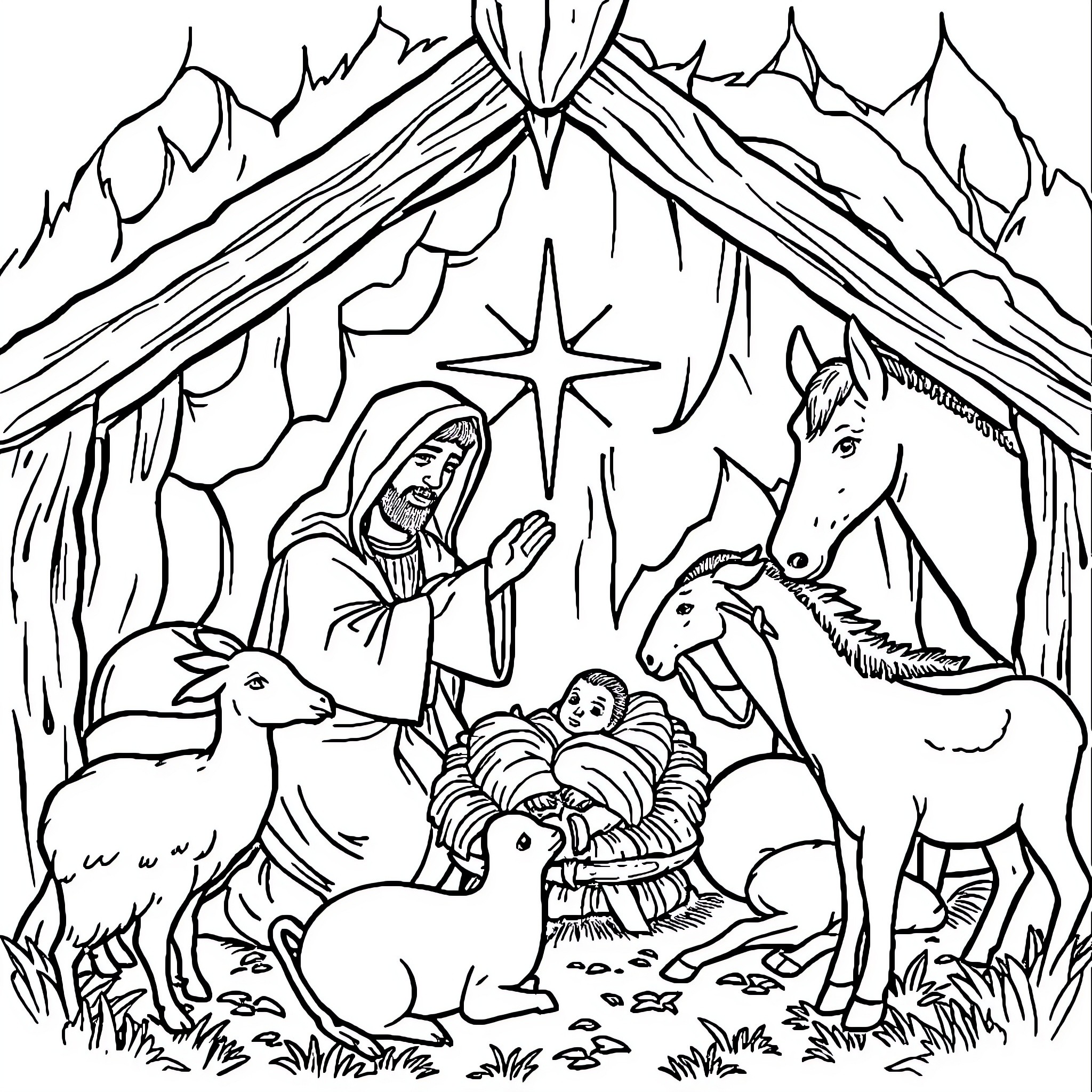Jesucristo's Nativity Scene with Animals and Starlight Coloring Page (free black-and-white line drawing printable PDF for all, from beginners to advanced learners, including children, teens, adults, and seniors)