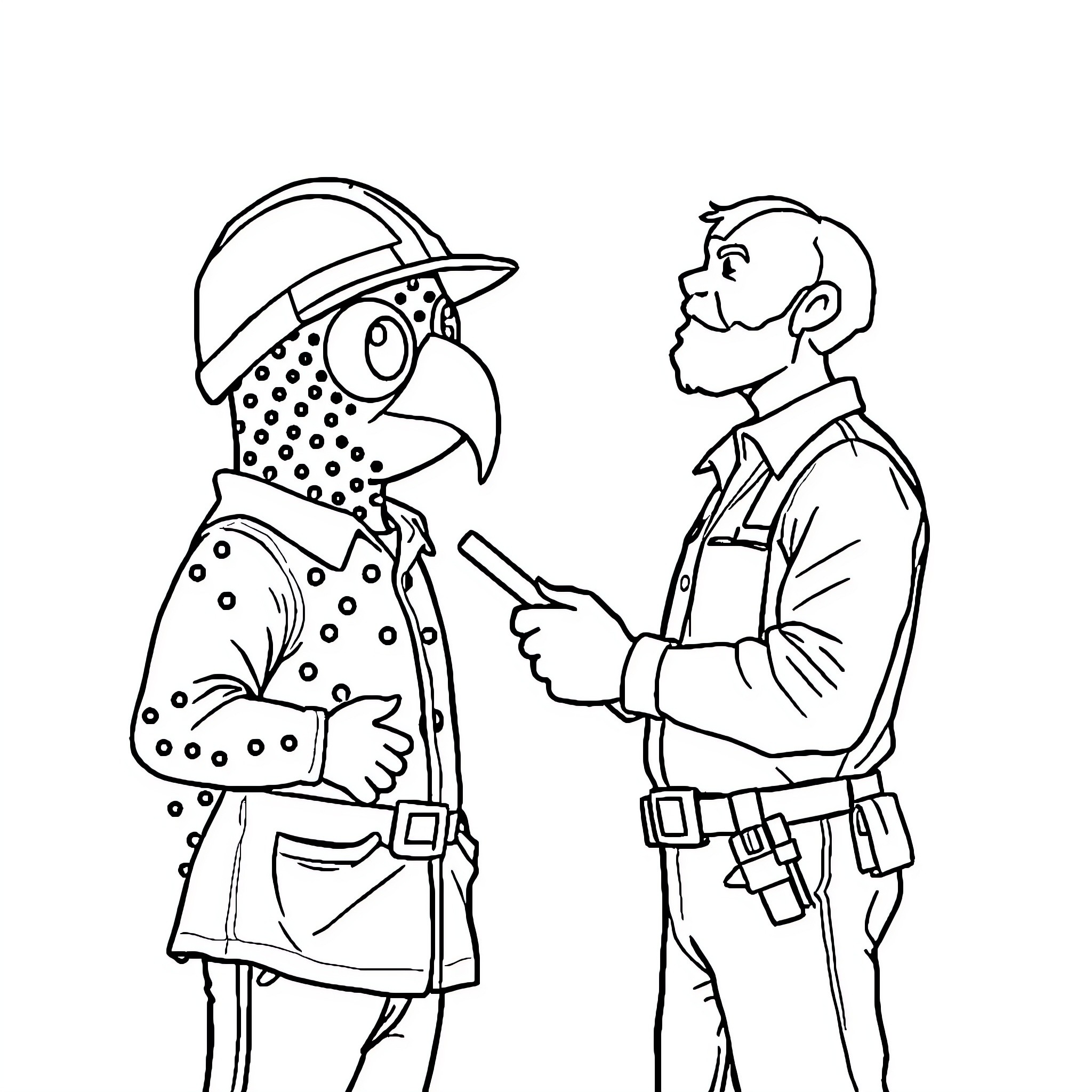 Mason's Friendly Chat with a Worker Coloring Page (free black-and-white line drawing printable PDF for all, from beginners to advanced learners, including children, teens, adults, and seniors)