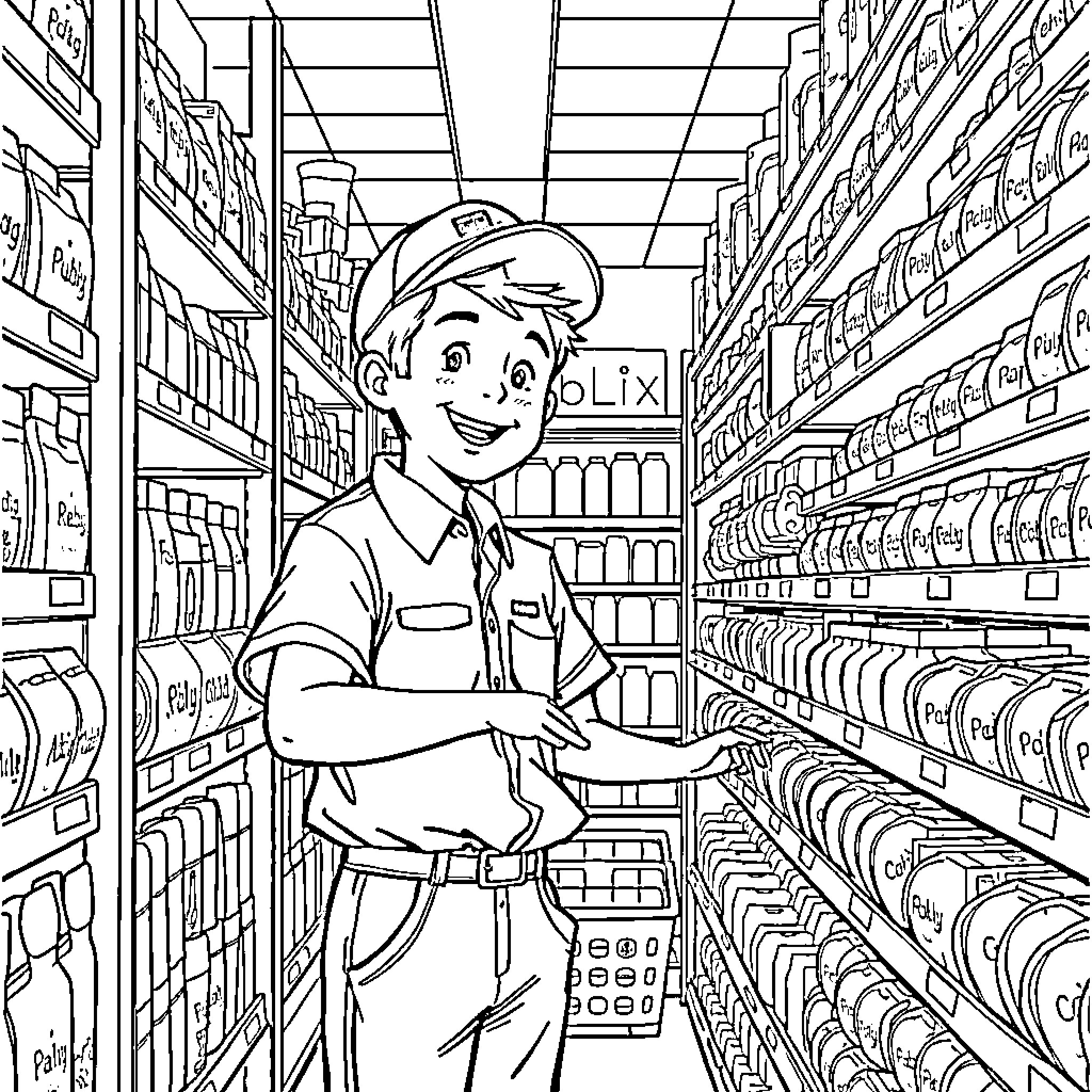 Henry Browsing Through the Shelves at the Local Grocery Store Coloring Page (free black-and-white line drawing printable PDF for all, from beginners to advanced learners, including children, teens, adults, and seniors)