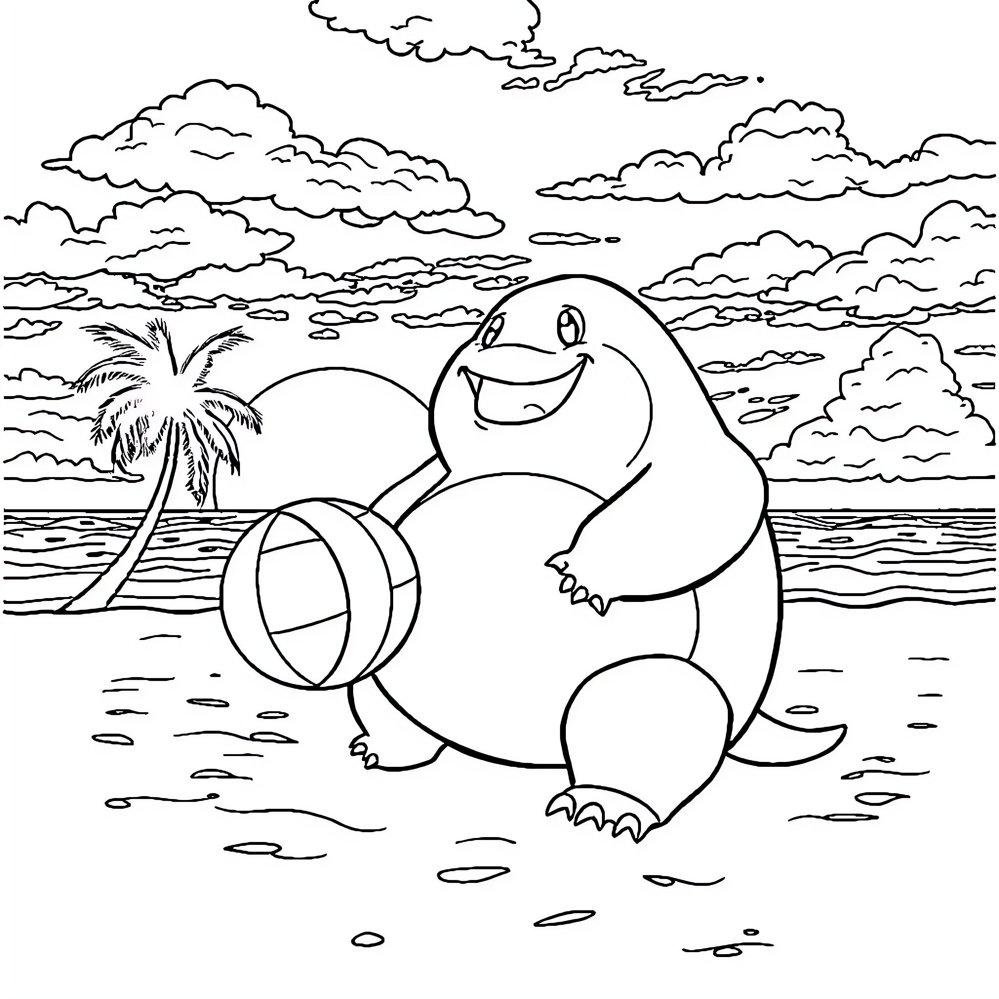 Snorlax relaxing on the beach with a beach ball Coloring Page (free black-and-white line drawing printable PDF for all, from beginners to advanced learners, including children, teens, adults, and seniors)