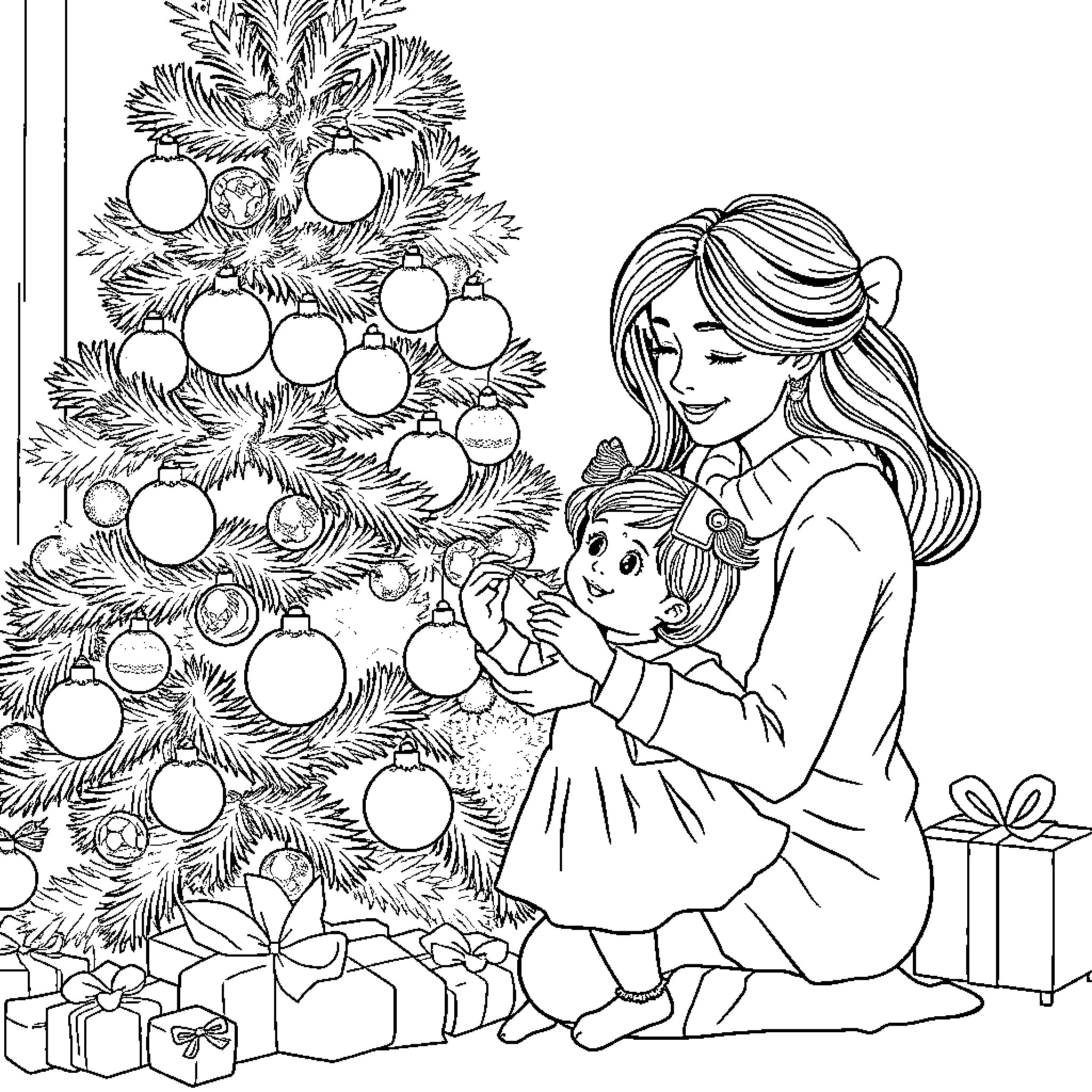Mother and Child Decorating Christmas Tree Coloring Page (free black-and-white line drawing printable PDF for all, from beginners to advanced learners, including children, teens, adults, and seniors)