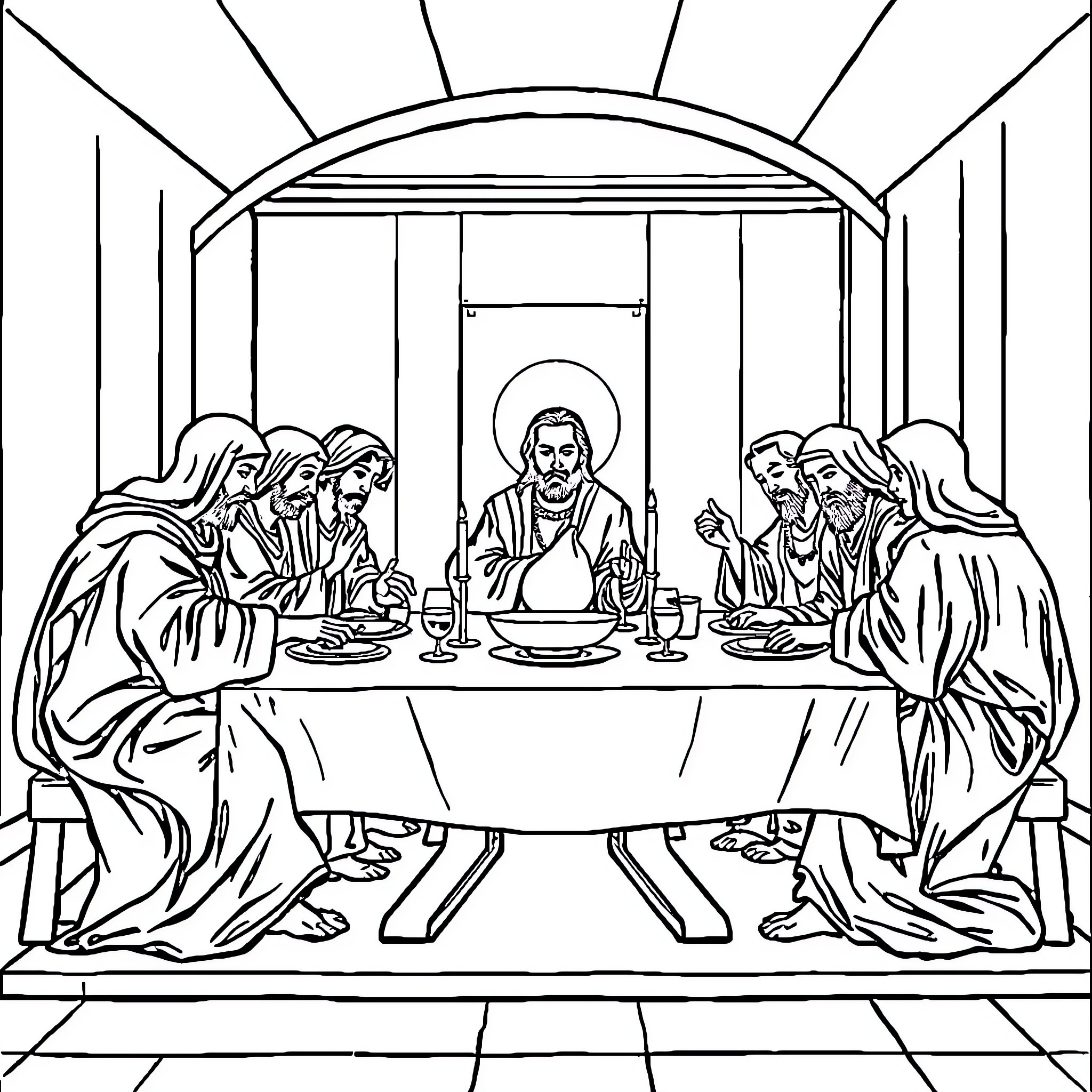 Last Supper: Disciples gathered around a table with Christ Coloring Page (free black-and-white line drawing printable PDF for all, from beginners to advanced learners, including children, teens, adults, and seniors)