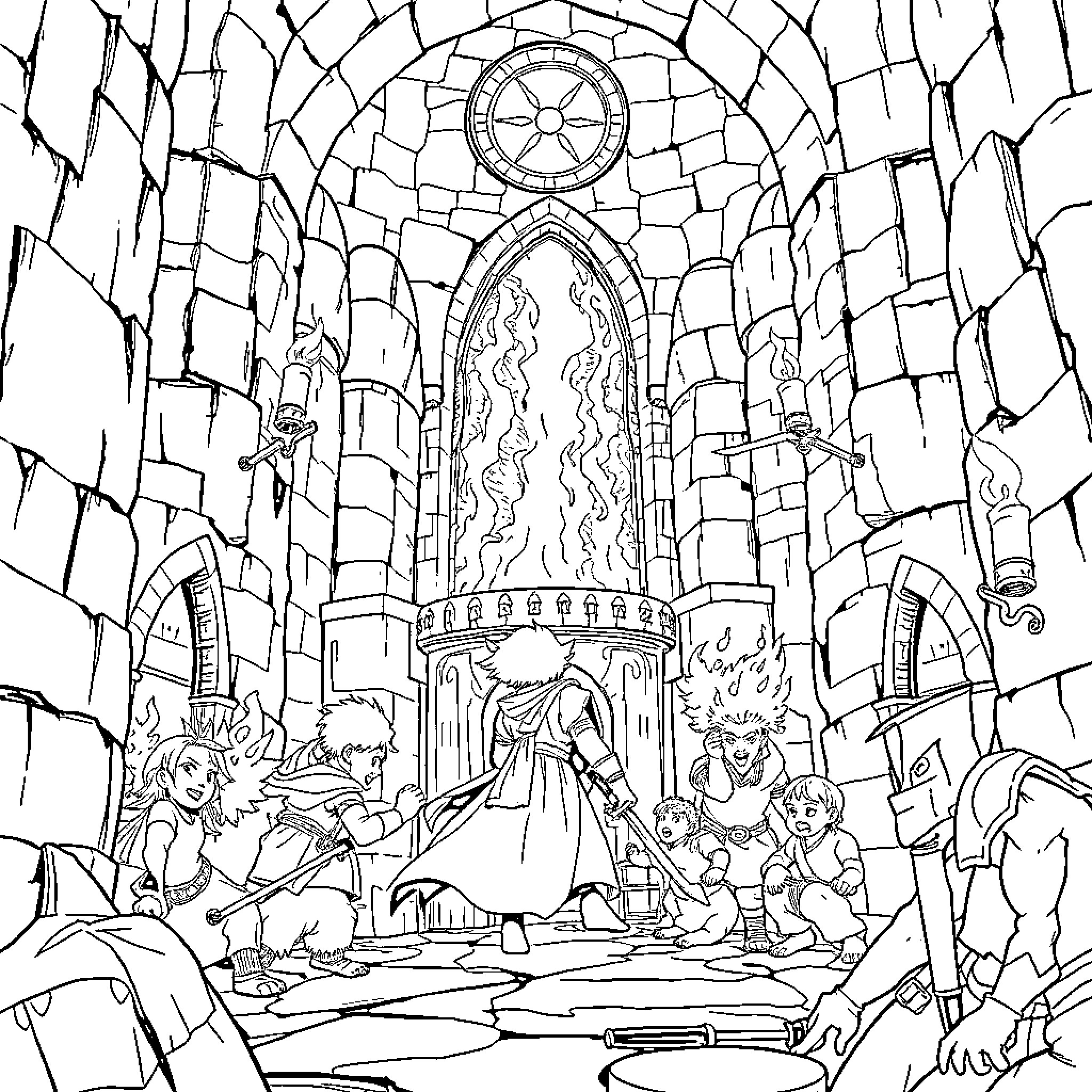 Hunter's Fantastical Realm of Adventure and Peril Coloring Page (free black-and-white line drawing printable PDF for all, from beginners to advanced learners, including children, teens, adults, and seniors)