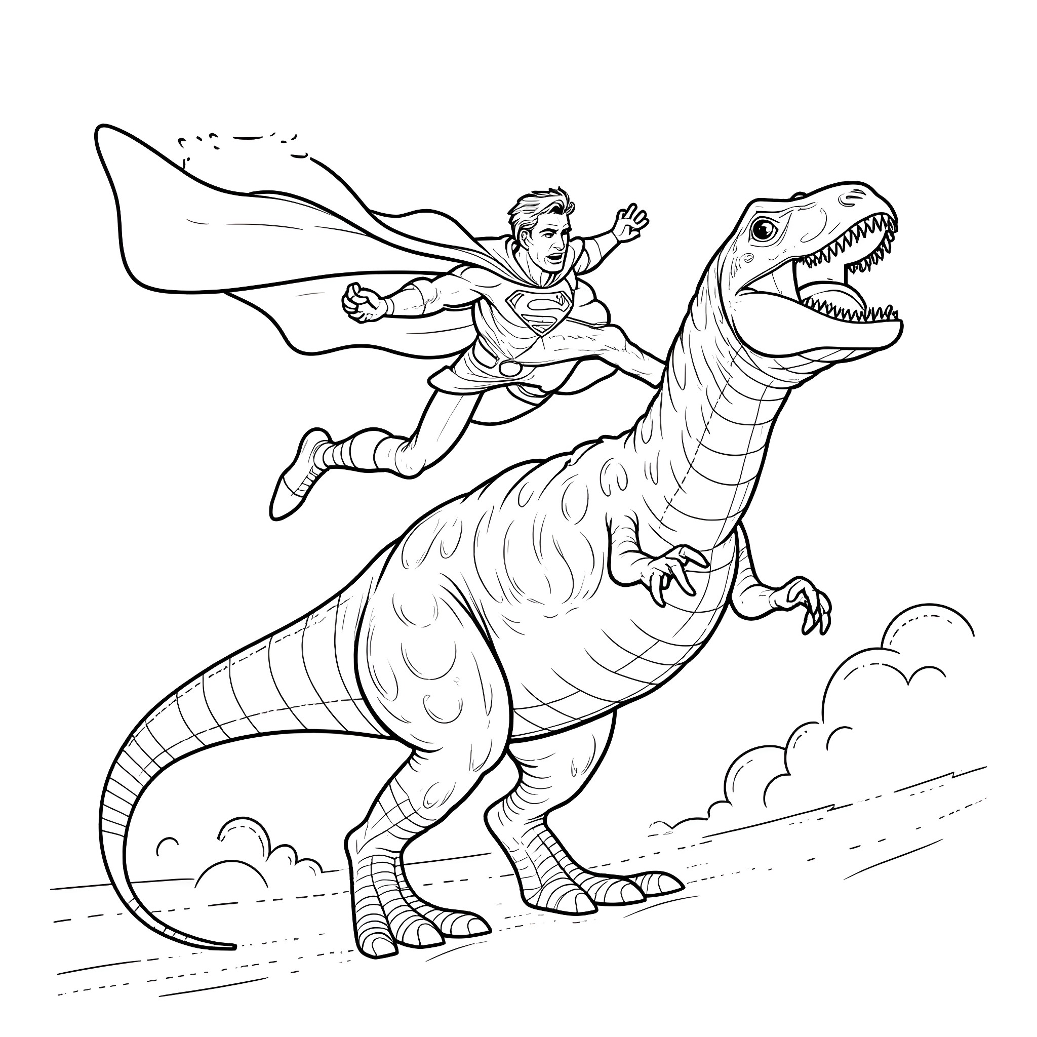 Superman riding a fearsome dinosaur into action Coloring Page (free black-and-white line drawing printable PDF for all, from beginners to advanced learners, including children, teens, adults, and seniors)