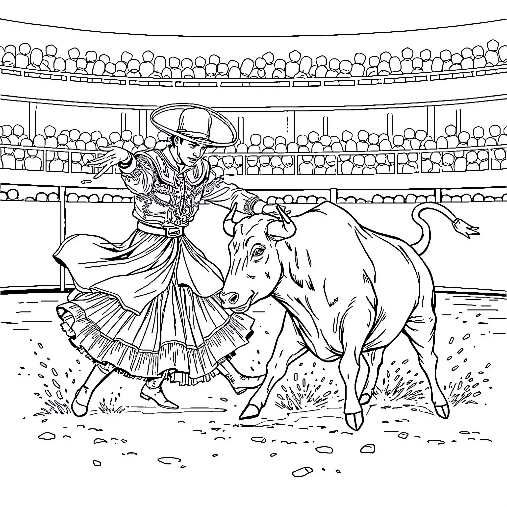 Toreador performing graceful dance with a bull in an arena Coloring Page (free black-and-white line drawing printable PDF for all, from beginners to advanced learners, including children, teens, adults, and seniors)