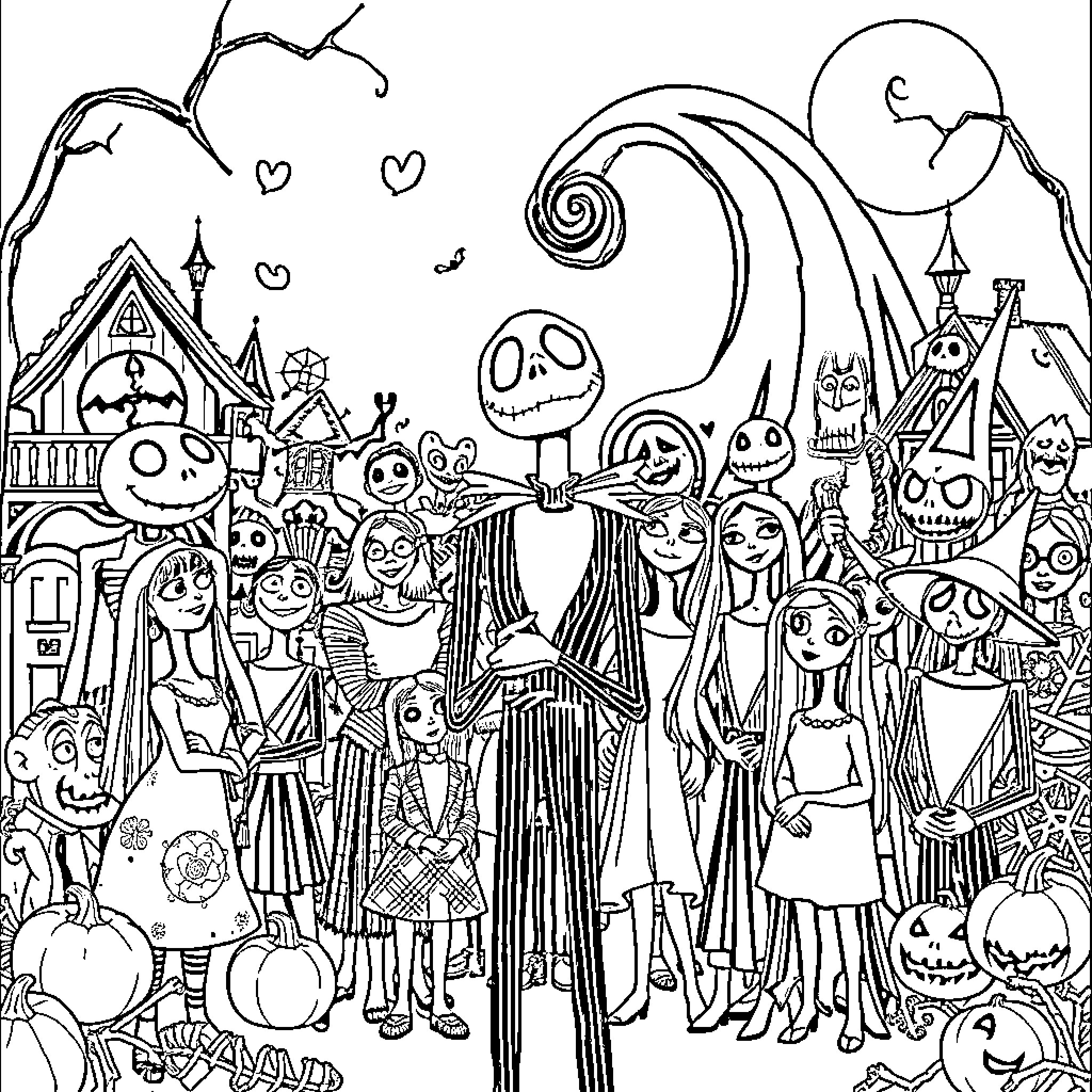 Nightmare Before Christmas Gathering of Unusual Characters Coloring Page (free black-and-white line drawing printable PDF for all, from beginners to advanced learners, including children, teens, adults, and seniors)