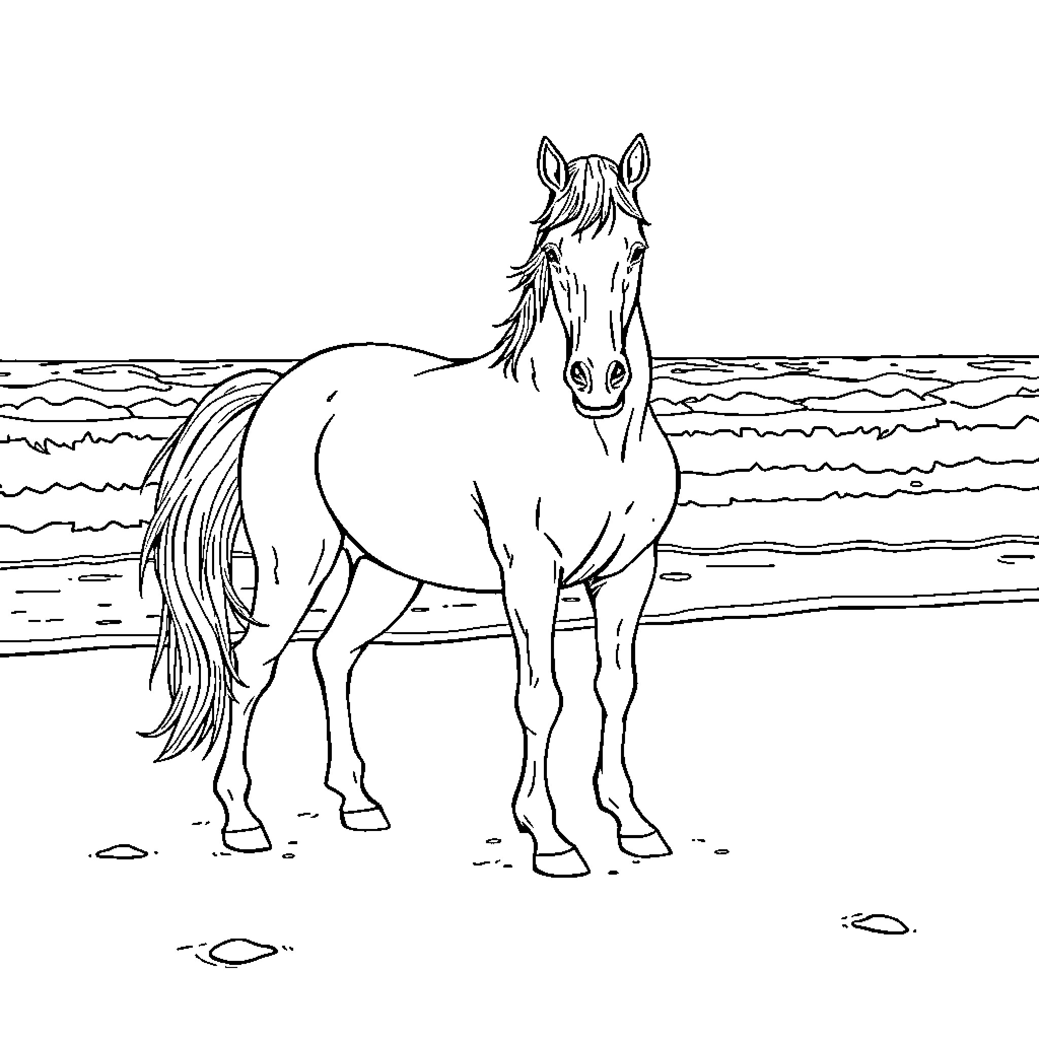 Horse standing calmly on the beach Coloring Page (free black-and-white line drawing printable PDF for all, from beginners to advanced learners, including children, teens, adults, and seniors)