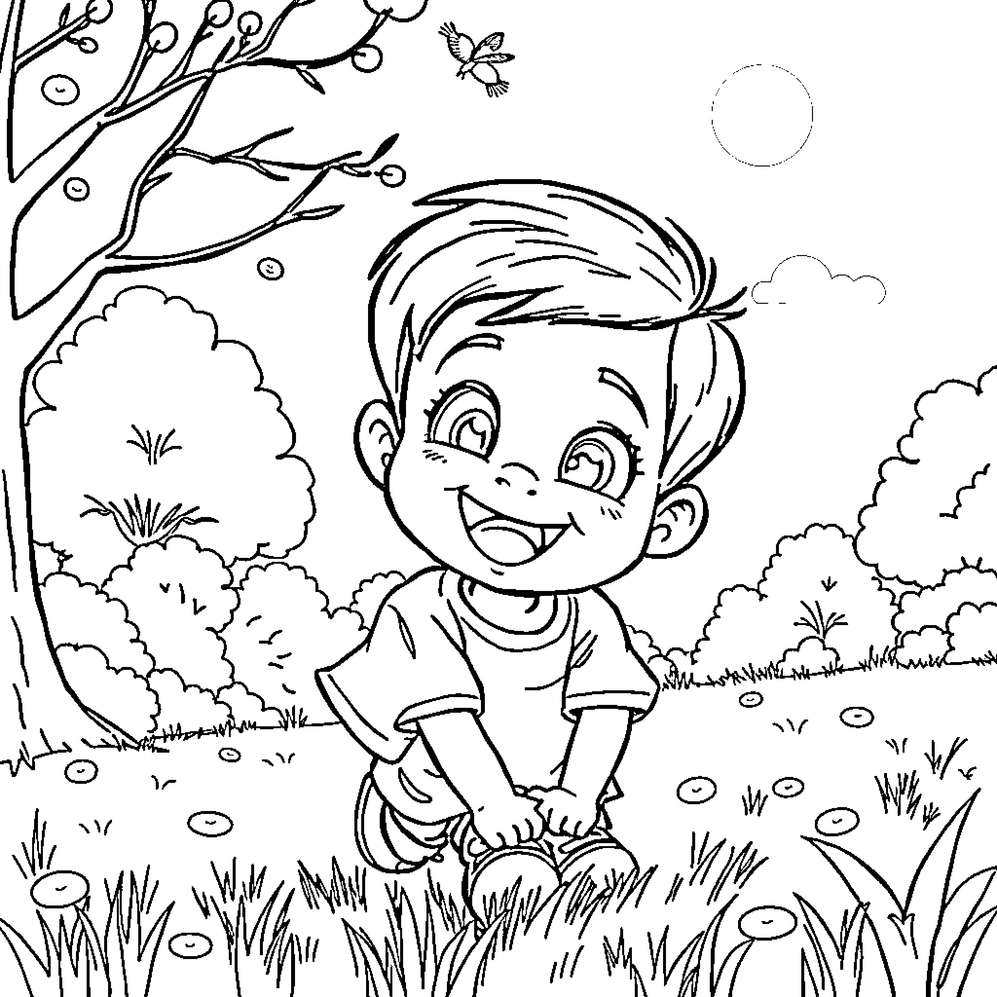 Navaneeth playing happily in the park Coloring Page (free black-and-white line drawing printable PDF for all, from beginners to advanced learners, including children, teens, adults, and seniors)