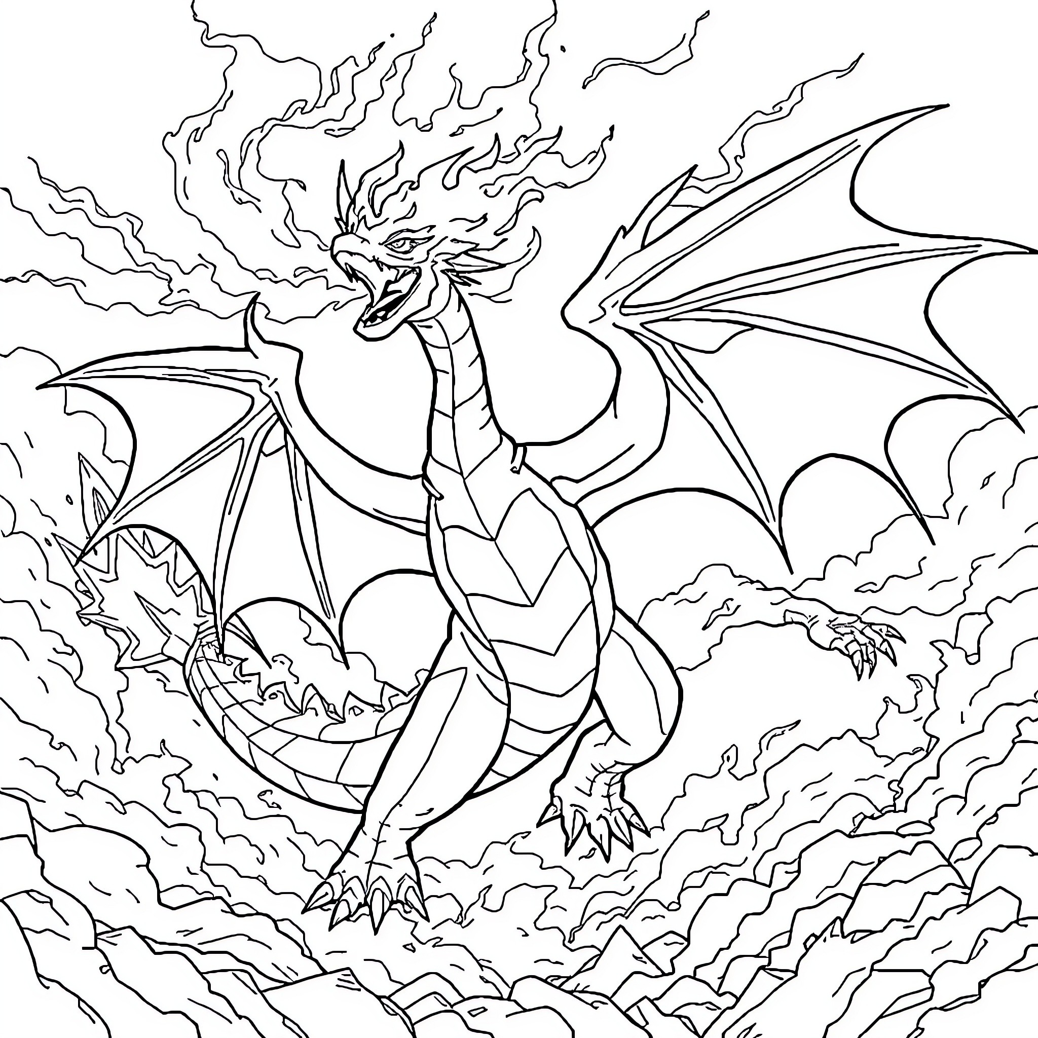 Dracaufeu unleashing fiery breath amidst stormy clouds Coloring Page (free black-and-white line drawing printable PDF for all, from beginners to advanced learners, including children, teens, adults, and seniors)