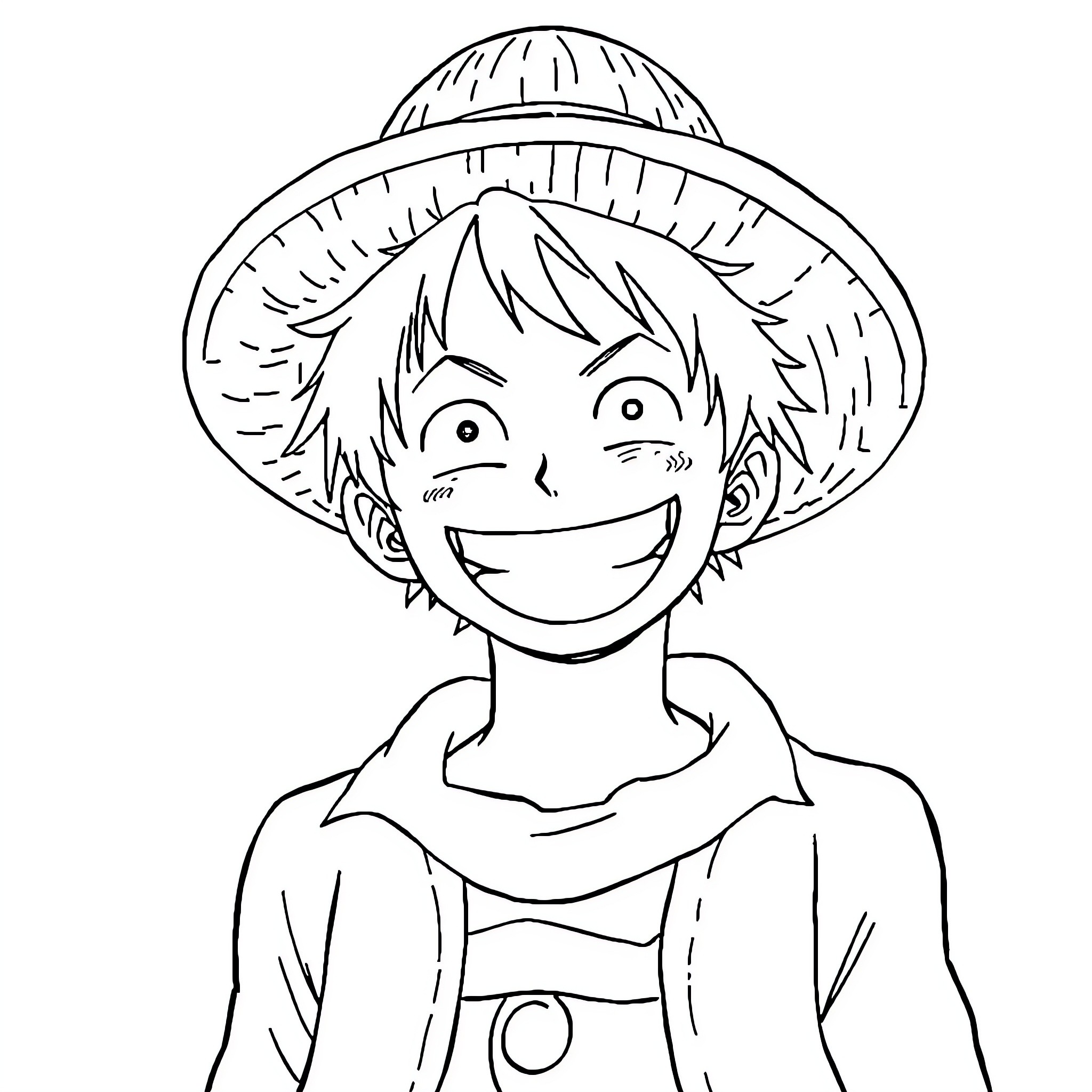 Luffy's Cheerful Adventure in the Straw Hat Coloring Page (free black-and-white line drawing printable PDF for all, from beginners to advanced learners, including children, teens, adults, and seniors)