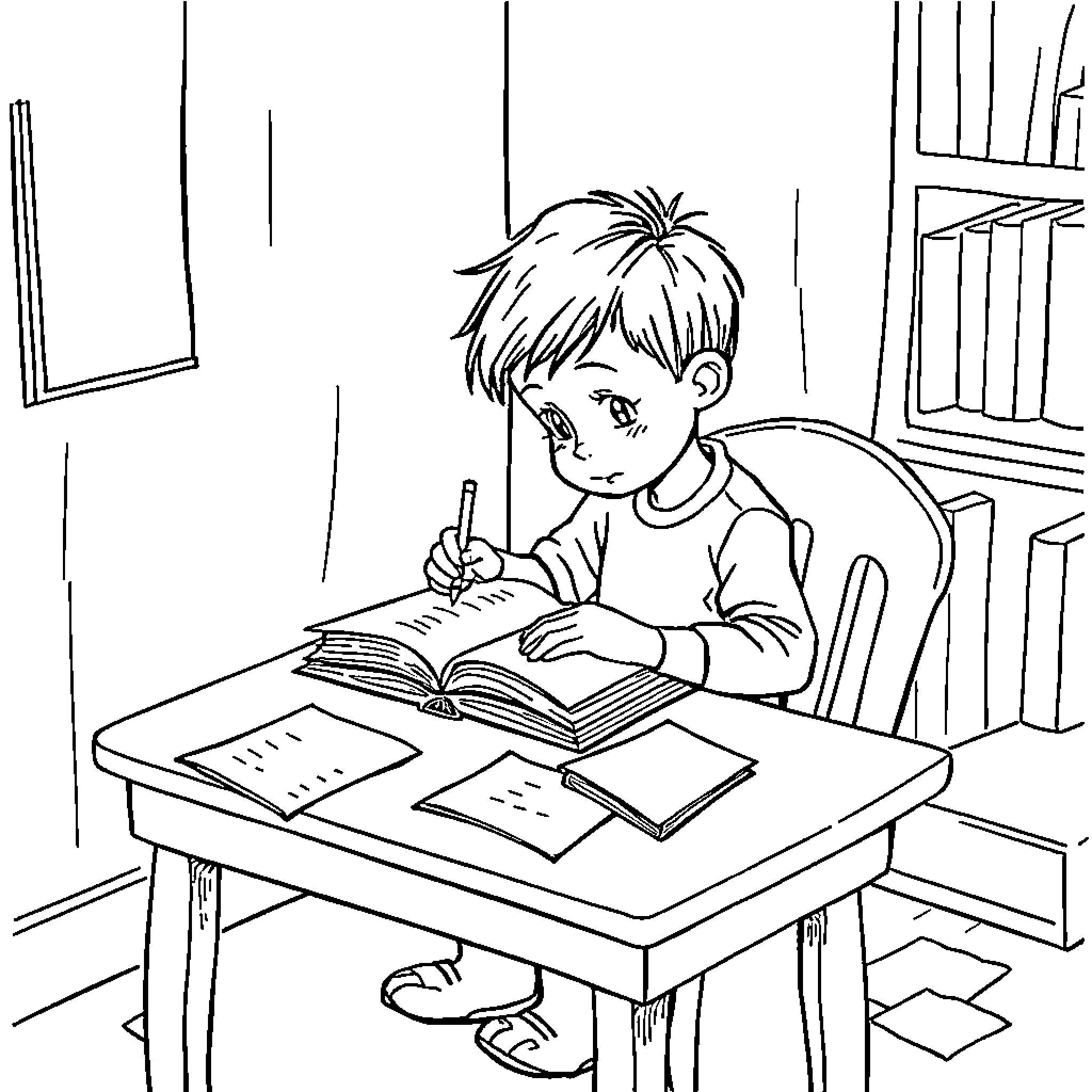 Child Studying Diligently at Desk Coloring Page (free black-and-white line drawing printable PDF for all, from beginners to advanced learners, including children, teens, adults, and seniors)