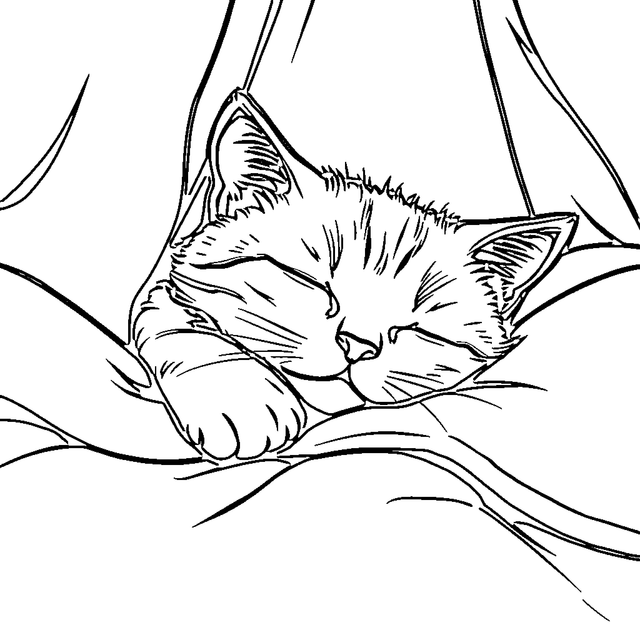 Cat resting peacefully in cozy surroundings Coloring Page (free black-and-white line drawing printable PDF for all, from beginners to advanced learners, including children, teens, adults, and seniors)