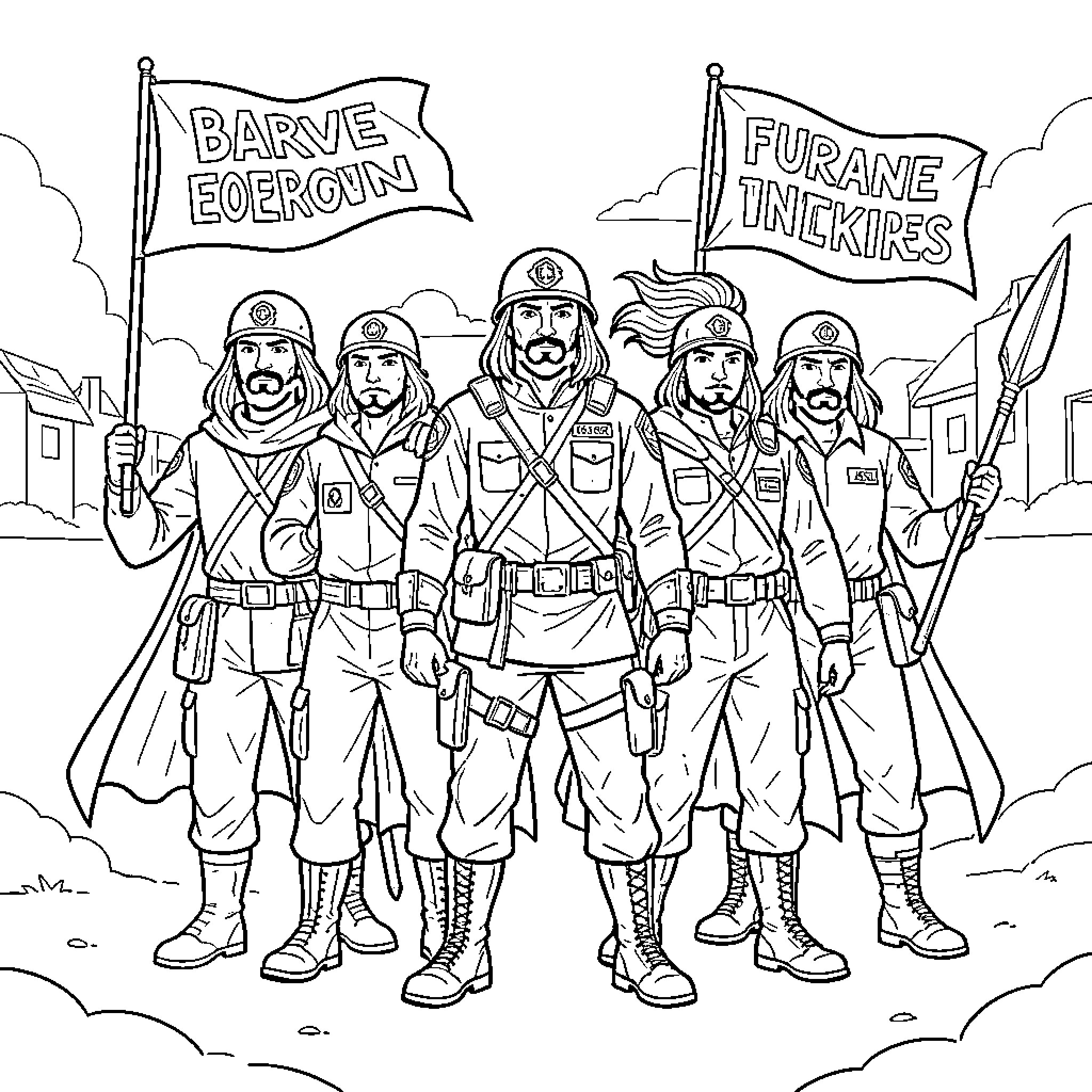 Freedom Fighter soldiers standing tall with flags and spears Coloring Page (free black-and-white line drawing printable PDF for all, from beginners to advanced learners, including children, teens, adults, and seniors)