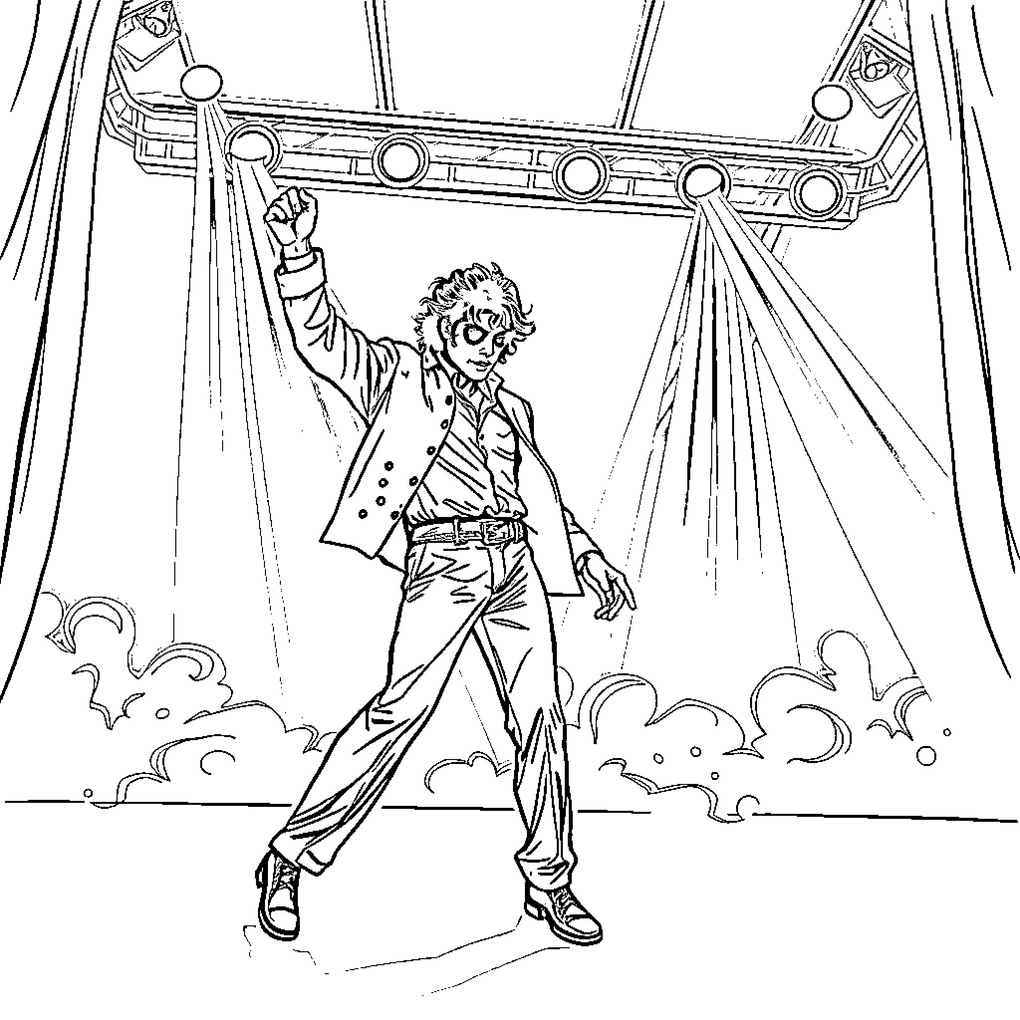 Michael Jackson performing on stage with dramatic lighting Coloring Page (free black-and-white line drawing printable PDF for all, from beginners to advanced learners, including children, teens, adults, and seniors)