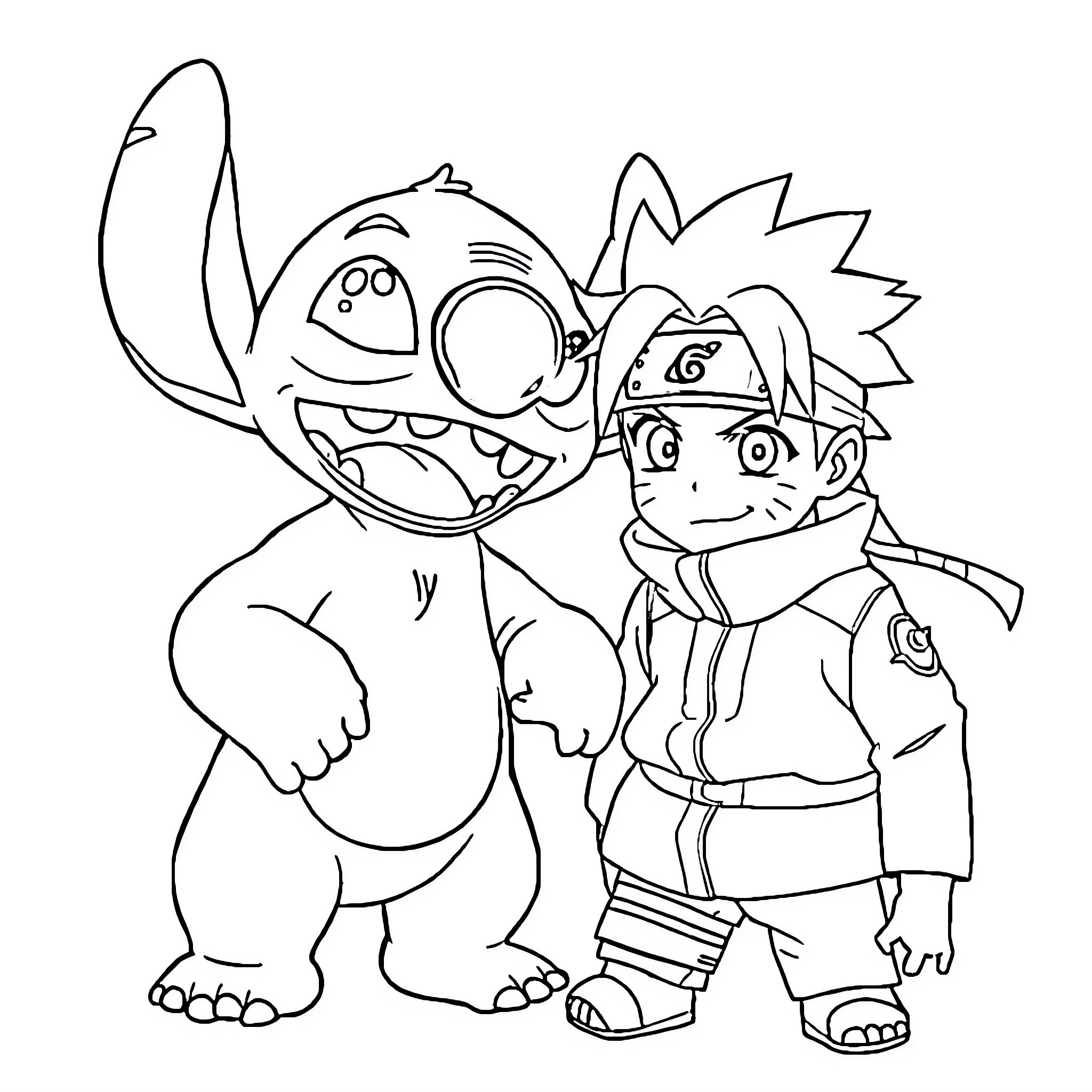 Stitch and Ninja Boy Striking Playful Poses Coloring Page (free black-and-white line drawing printable PDF for all, from beginners to advanced learners, including children, teens, adults, and seniors)
