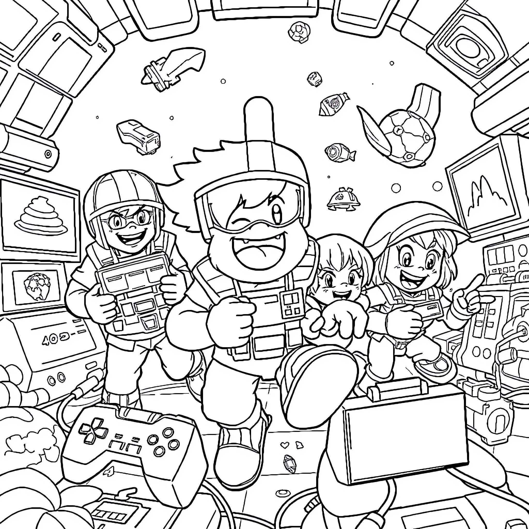 Video Game Characters Enjoying Gaming Together Coloring Page (free black-and-white line drawing printable PDF for all, from beginners to advanced learners, including children, teens, adults, and seniors)