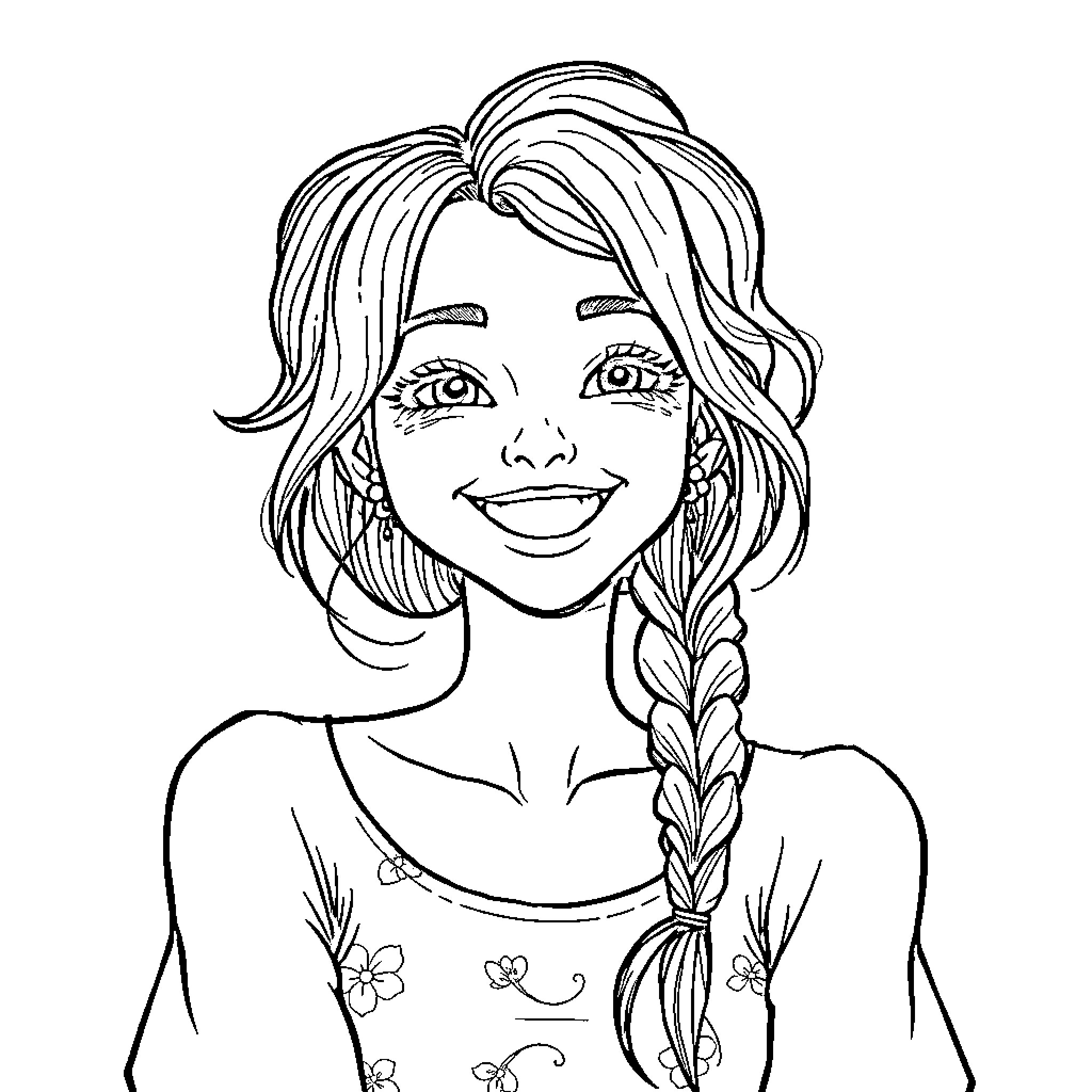 You Smiling Happily with Braided Hair Coloring Page (free black-and-white line drawing printable PDF for all, from beginners to advanced learners, including children, teens, adults, and seniors)