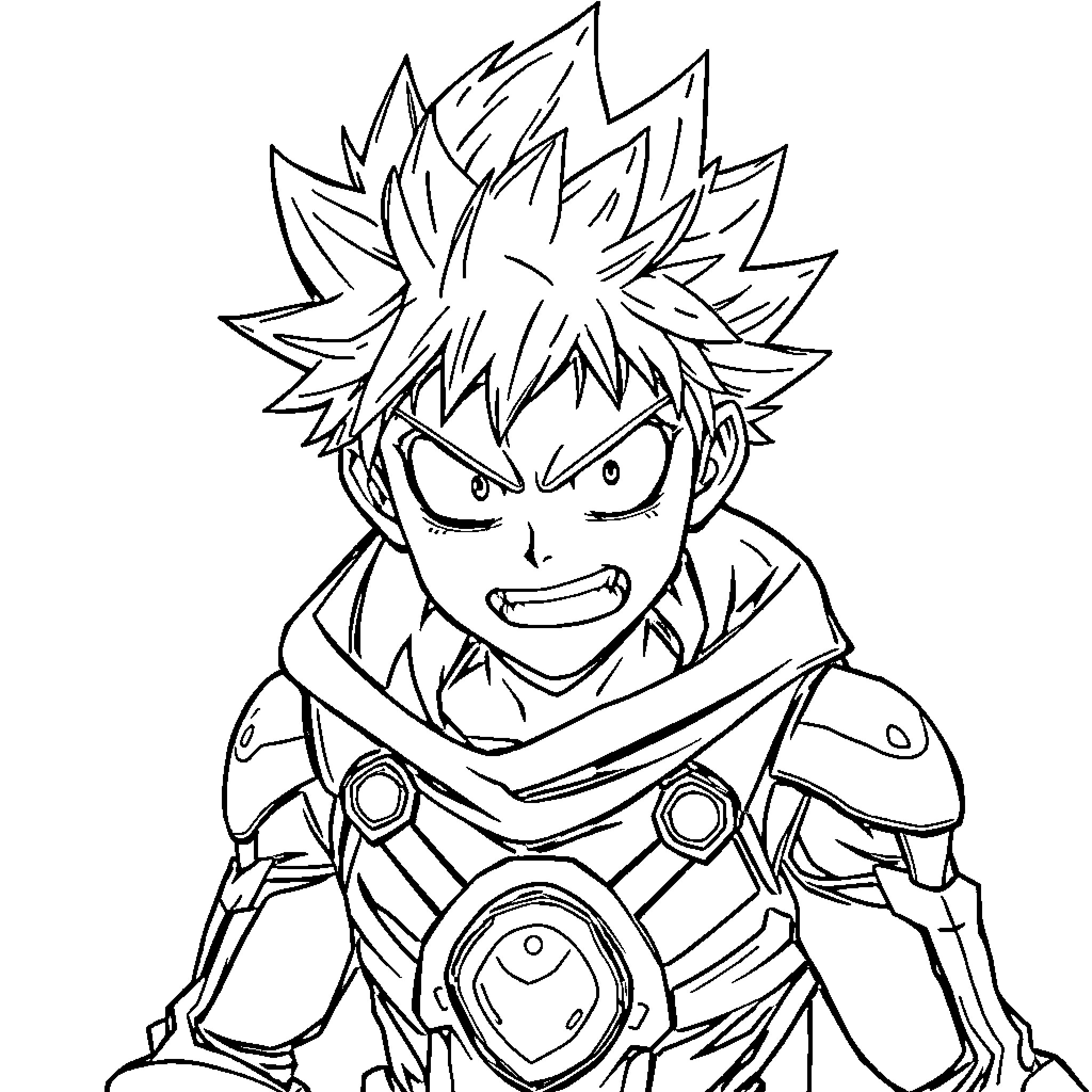 Bakugo's Determined Expression and Armored Outfit Coloring Page (free black-and-white line drawing printable PDF for all, from beginners to advanced learners, including children, teens, adults, and seniors)