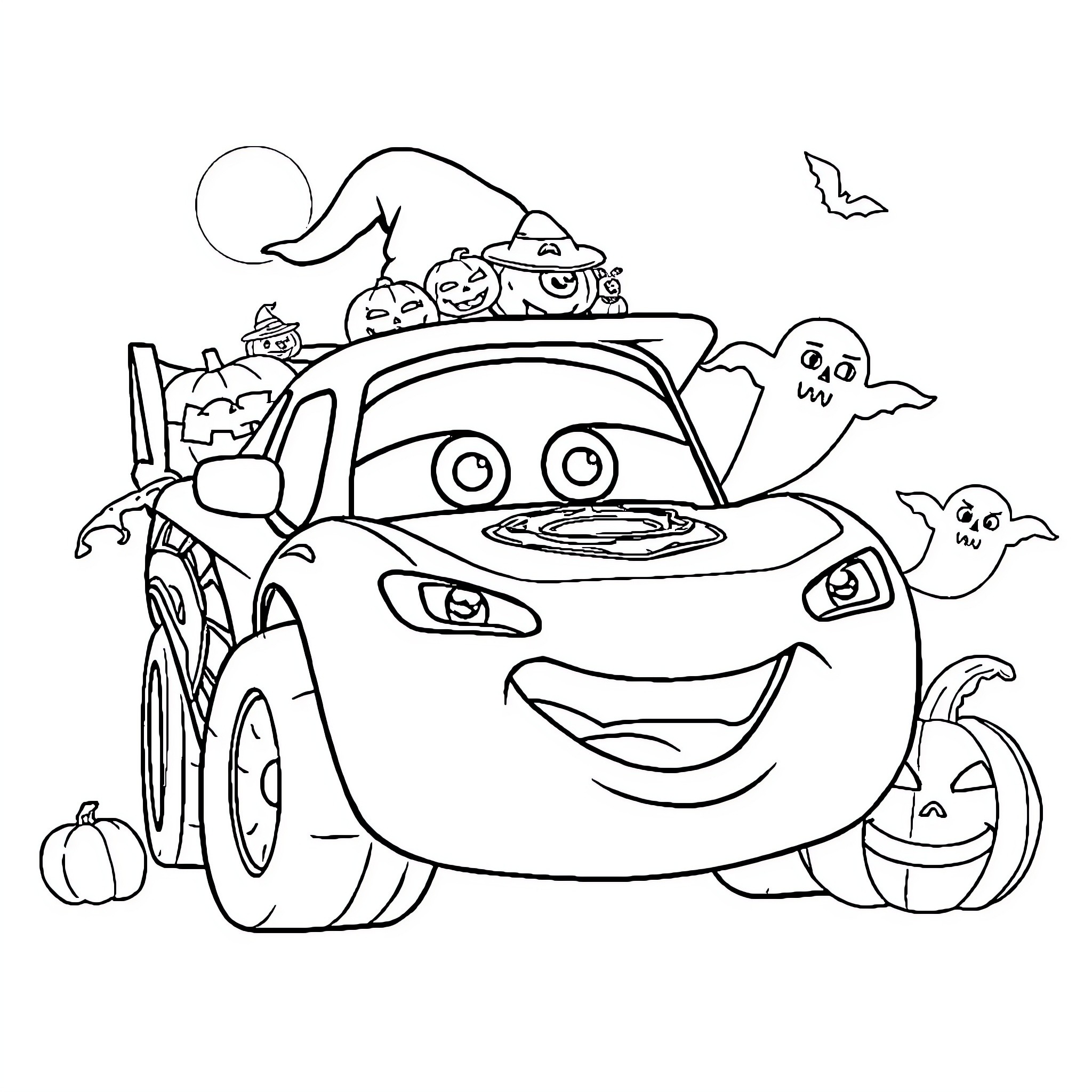 Flash McQueen's Halloween Adventure Coloring Page (free black-and-white line drawing printable PDF for all, from beginners to advanced learners, including children, teens, adults, and seniors)