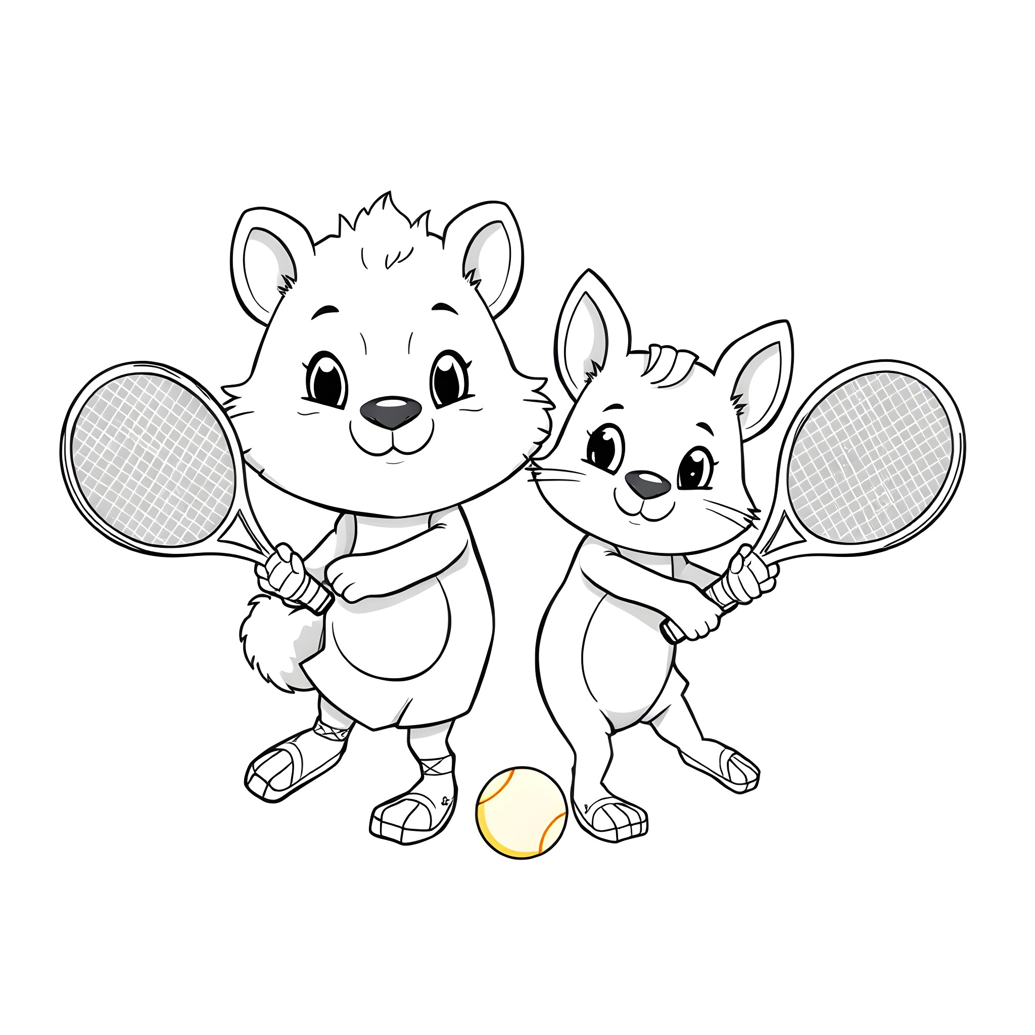 Animal pair playing tennis with rackets Coloring Page (free black-and-white line drawing printable PDF for all, from beginners to advanced learners, including children, teens, adults, and seniors)