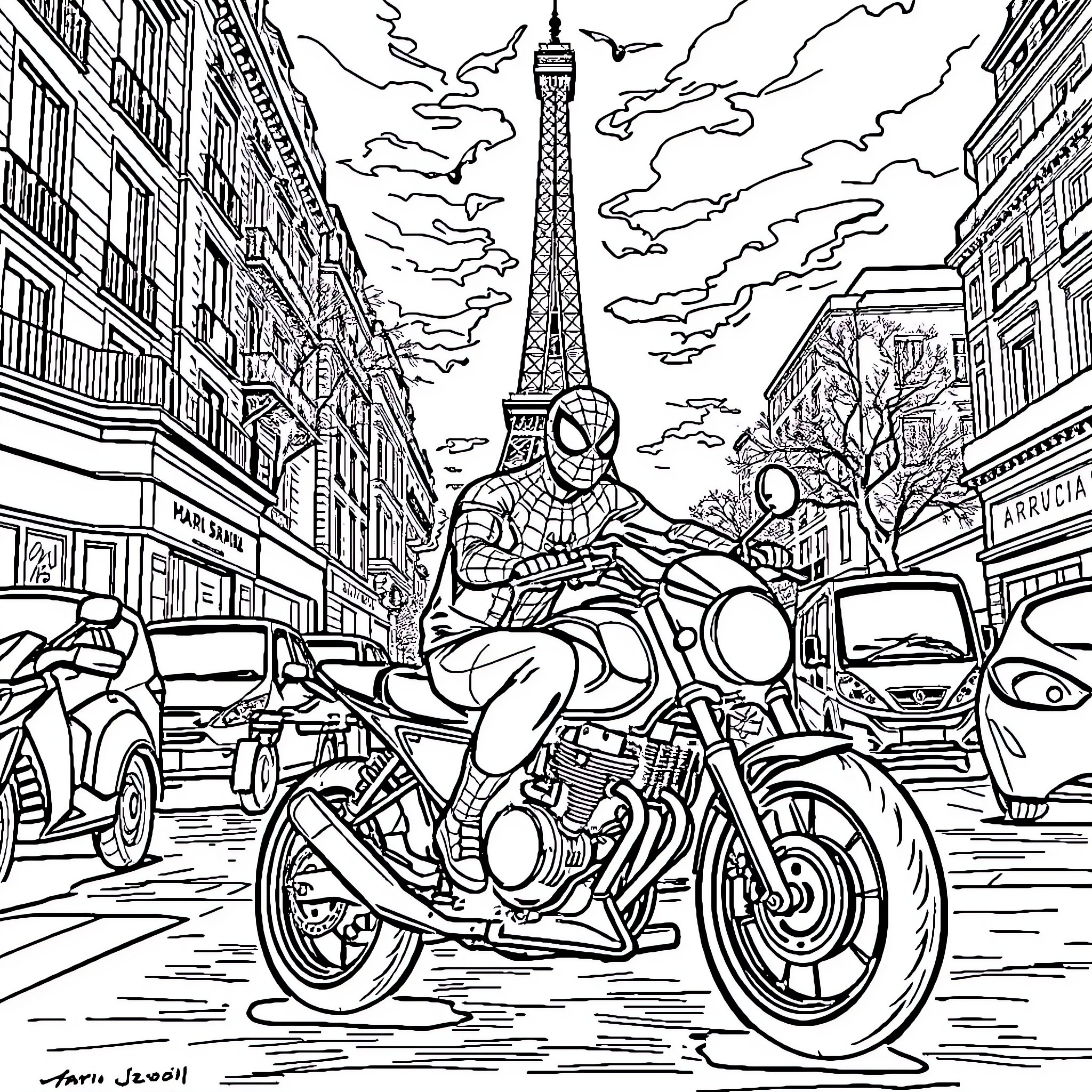 Spiderman riding a motorcycle in the city Coloring Page (free black-and-white line drawing printable PDF for all, from beginners to advanced learners, including children, teens, adults, and seniors)
