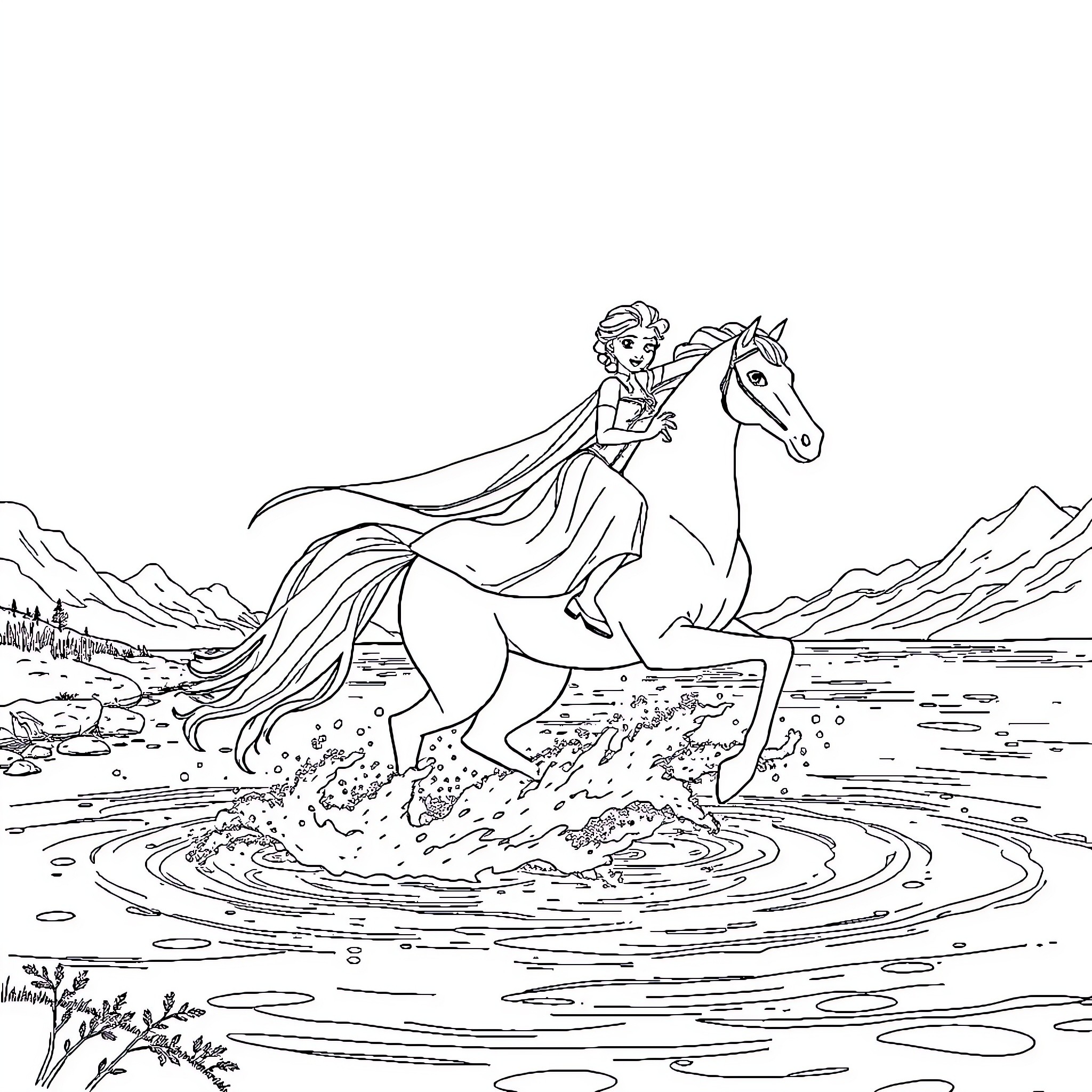 Elsa riding her horse through the snowy mountains Coloring Page (free black-and-white line drawing printable PDF for all, from beginners to advanced learners, including children, teens, adults, and seniors)