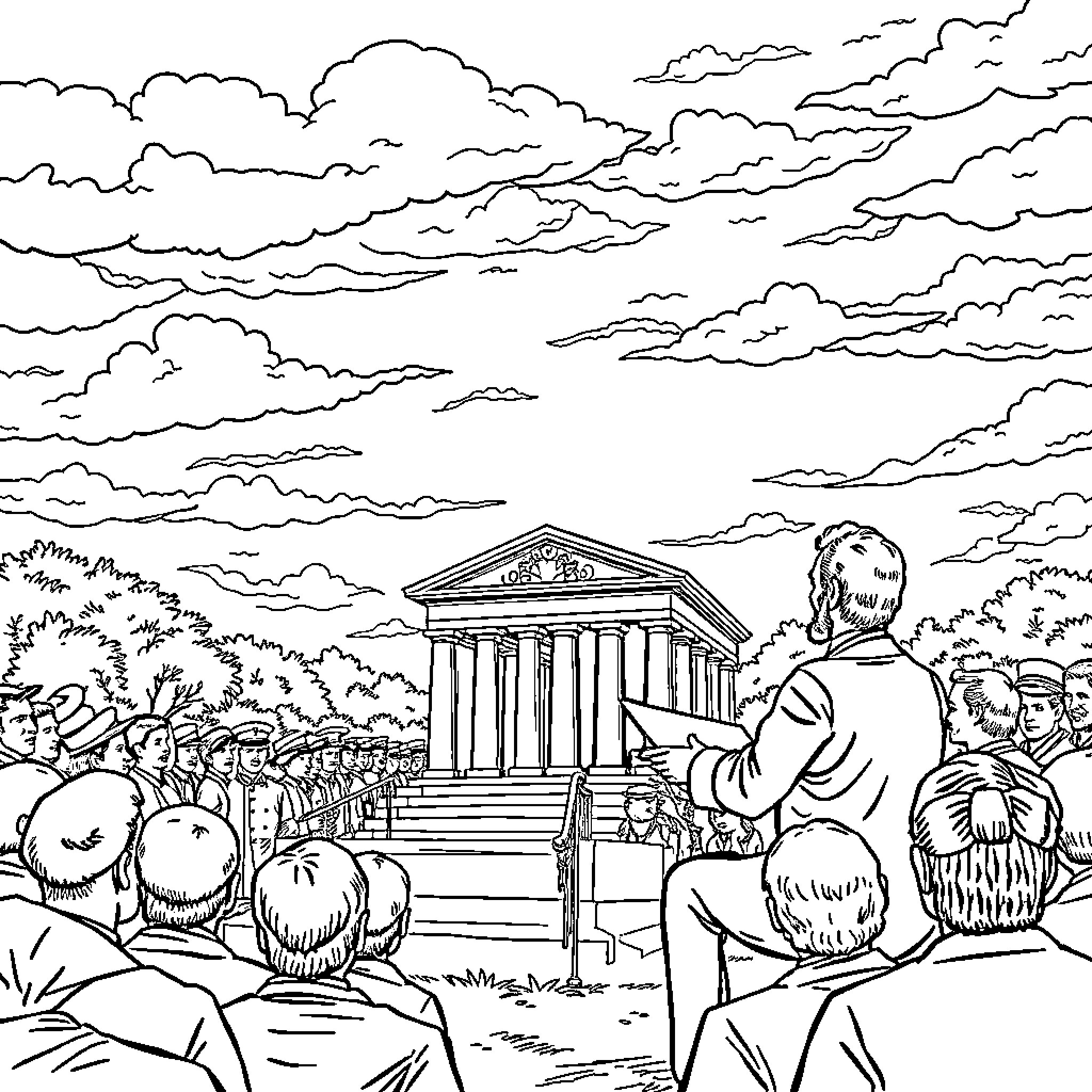Gettysburg Address in a Crowd Gathering Coloring Page (free black-and-white line drawing printable PDF for all, from beginners to advanced learners, including children, teens, adults, and seniors)