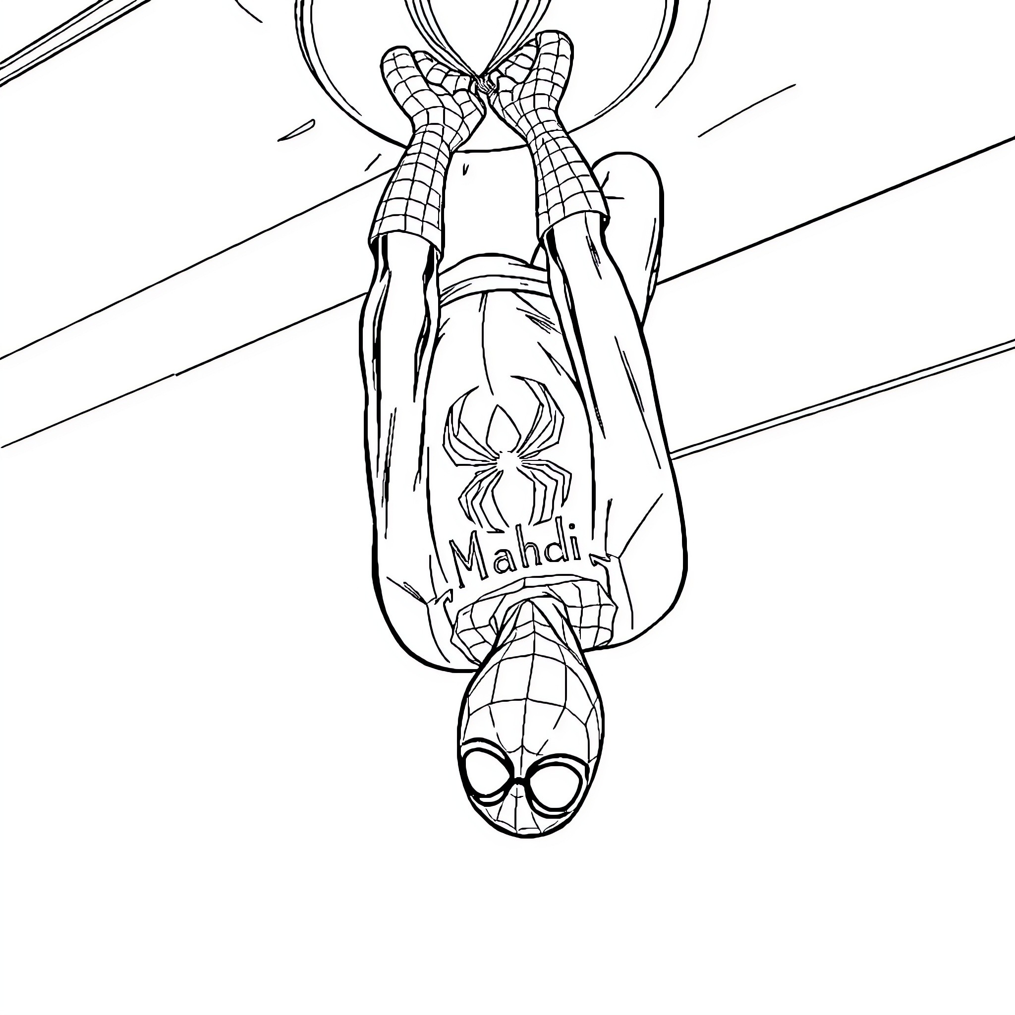 Spiderman swinging through the city with webbing Coloring Page (free black-and-white line drawing printable PDF for all, from beginners to advanced learners, including children, teens, adults, and seniors)