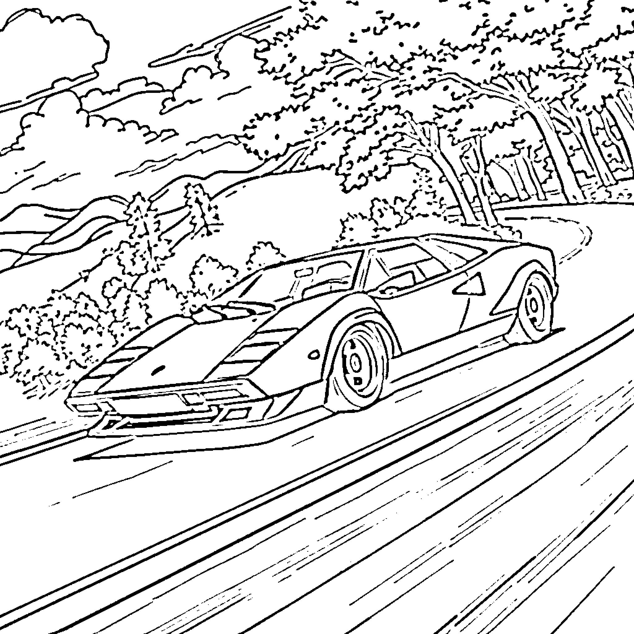 Lamborghini sports car speeding through scenic landscape Coloring Page (free black-and-white line drawing printable PDF for all, from beginners to advanced learners, including children, teens, adults, and seniors)