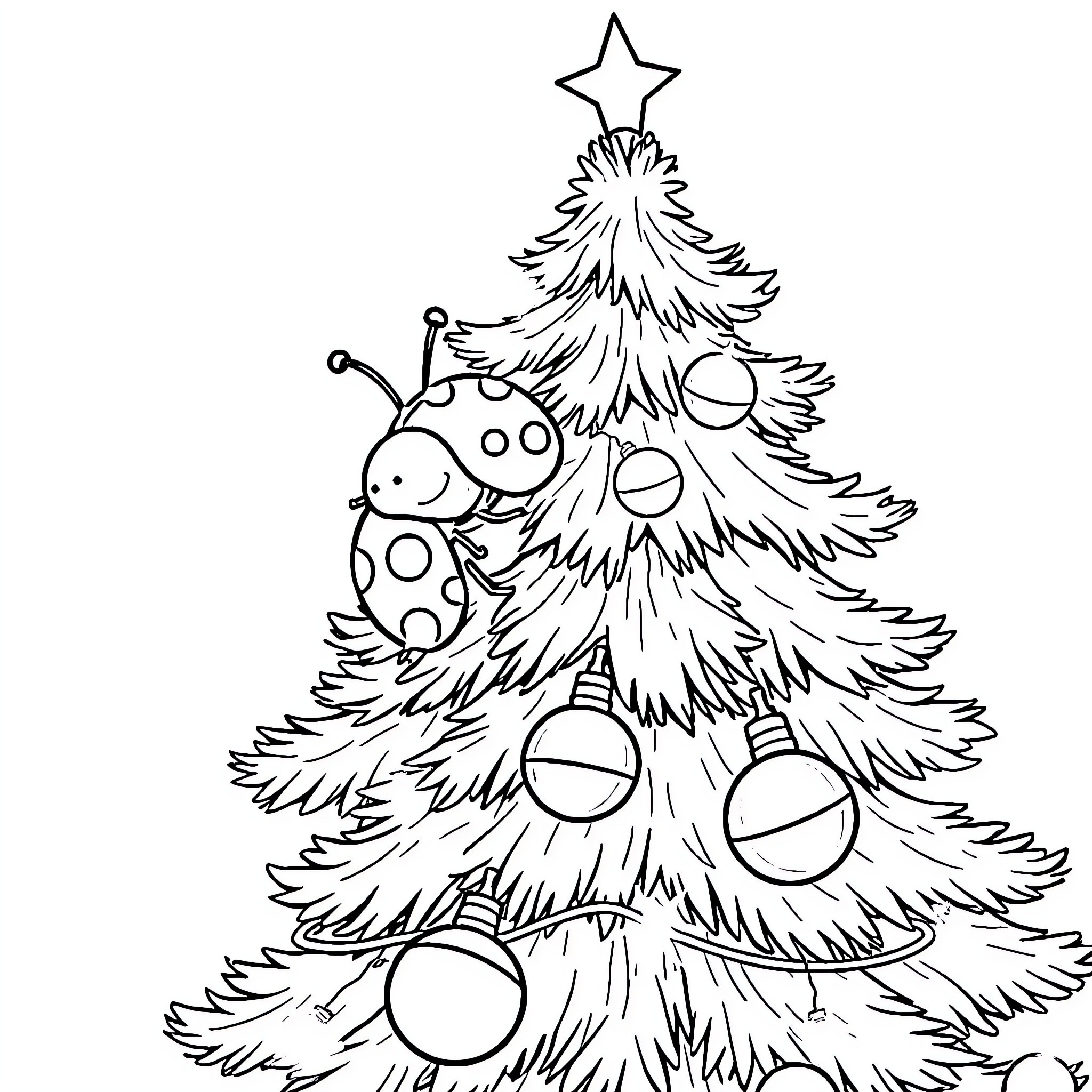 Ladybug decorating festive Christmas tree Coloring Page (free black-and-white line drawing printable PDF for all, from beginners to advanced learners, including children, teens, adults, and seniors)