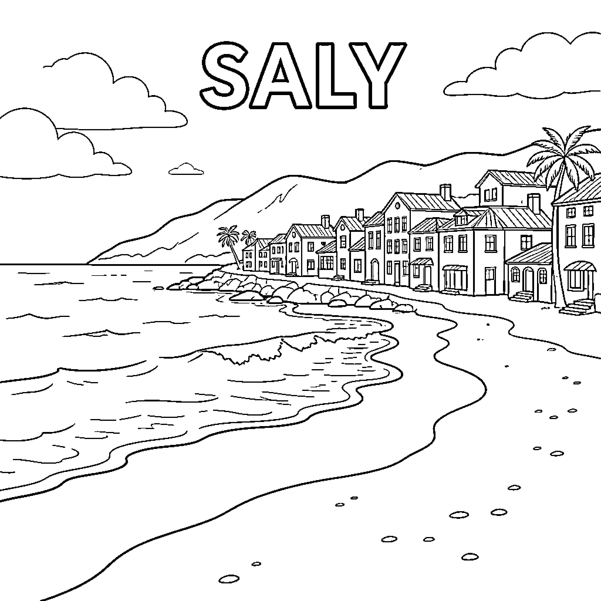 Saly coastal town scenery with beach and waves Coloring Page (free black-and-white line drawing printable PDF for all, from beginners to advanced learners, including children, teens, adults, and seniors)