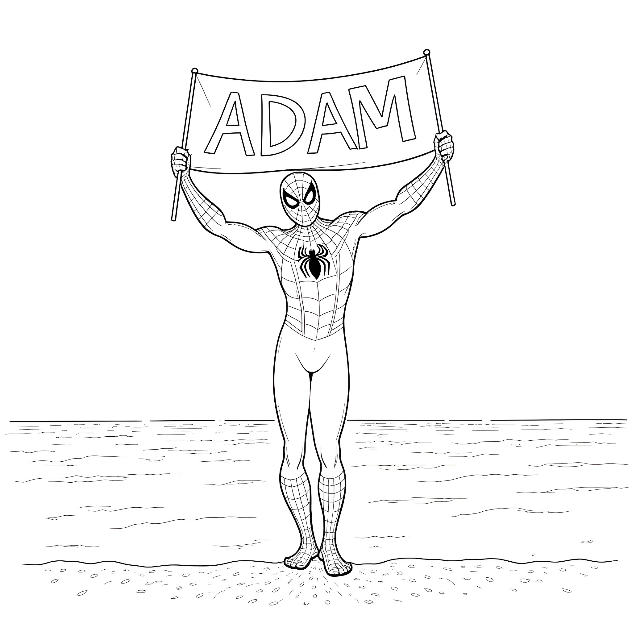 Spiderman Holding a Banner with the Name Adam Coloring Page (free black-and-white line drawing printable PDF for all, from beginners to advanced learners, including children, teens, adults, and seniors)