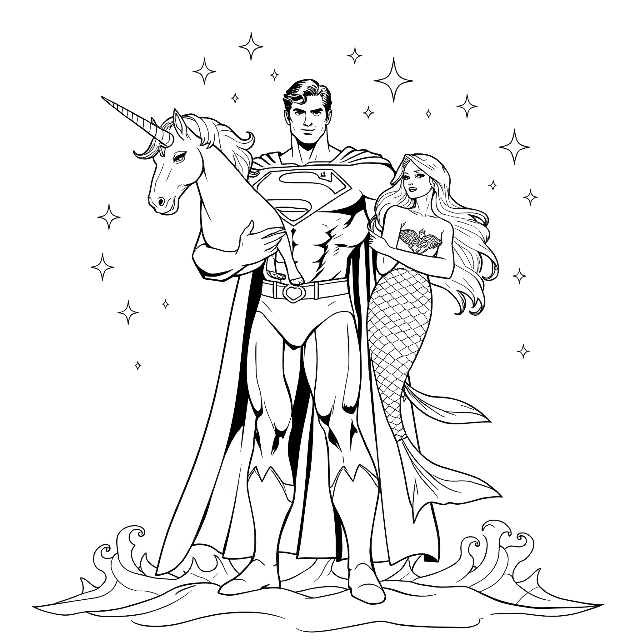 Superman and Mermaid Encounter Magical Unicorn Coloring Page (free black-and-white line drawing printable PDF for all, from beginners to advanced learners, including children, teens, adults, and seniors)