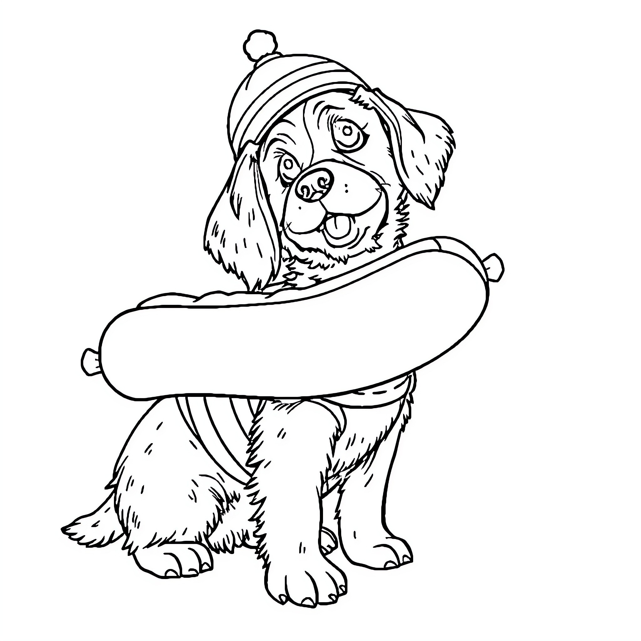 Dachshund playing with a snowboard Coloring Page (free black-and-white line drawing printable PDF for all, from beginners to advanced learners, including children, teens, adults, and seniors)