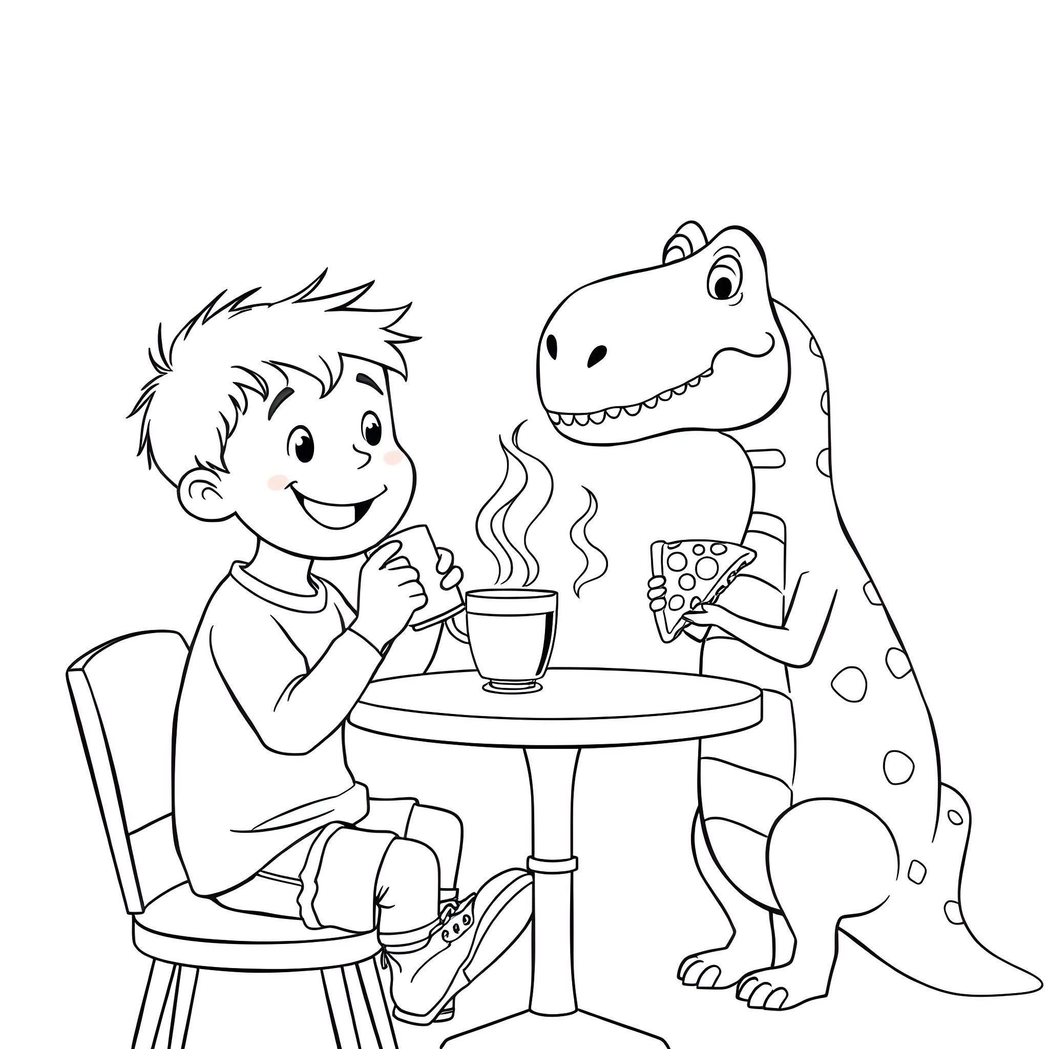 Boy enjoying a cup of tea with a friendly dinosaur Coloring Page (free black-and-white line drawing printable PDF for all, from beginners to advanced learners, including children, teens, adults, and seniors)