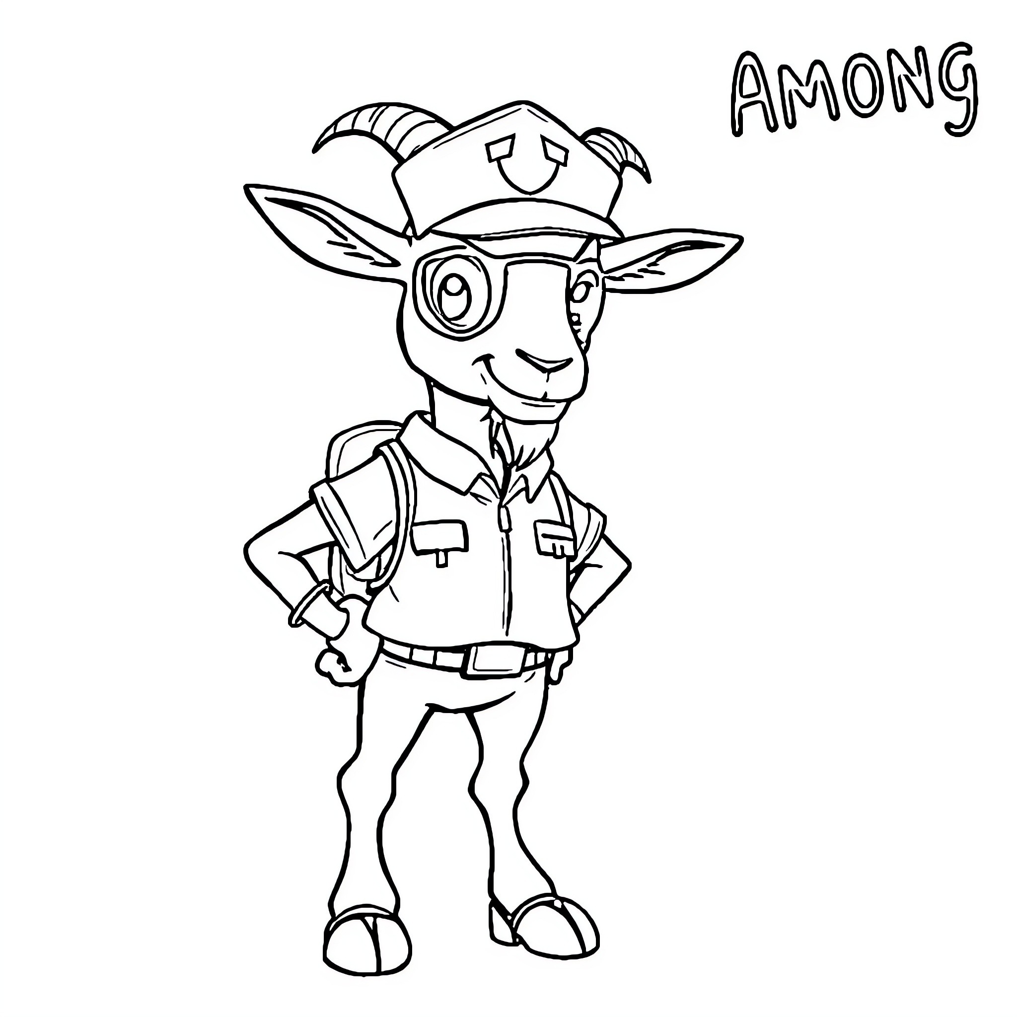 Goat character in playful explorer outfit Coloring Page (free black-and-white line drawing printable PDF for all, from beginners to advanced learners, including children, teens, adults, and seniors)