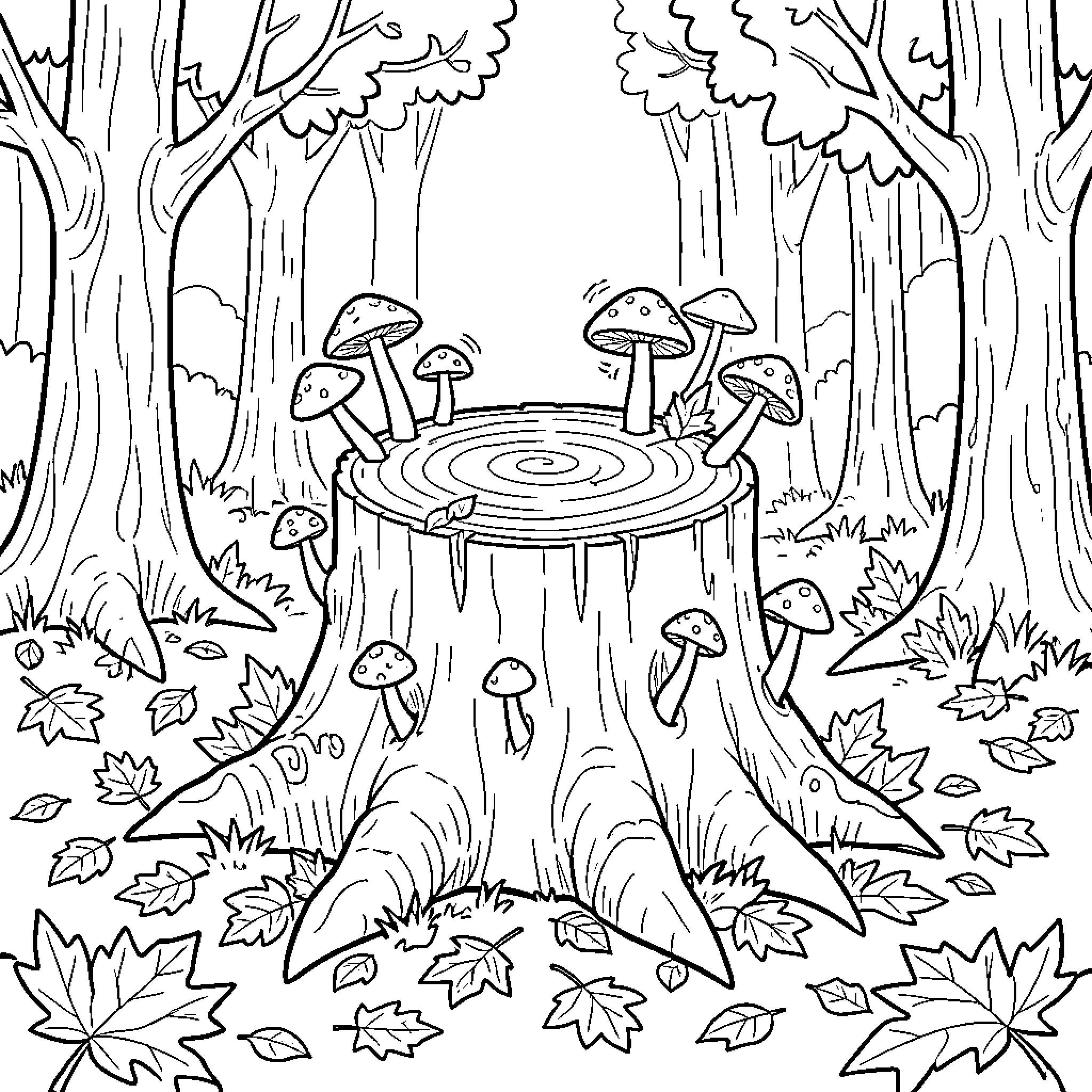 Stump surrounded by various mushrooms in a forest Coloring Page (free black-and-white line drawing printable PDF for all, from beginners to advanced learners, including children, teens, adults, and seniors)