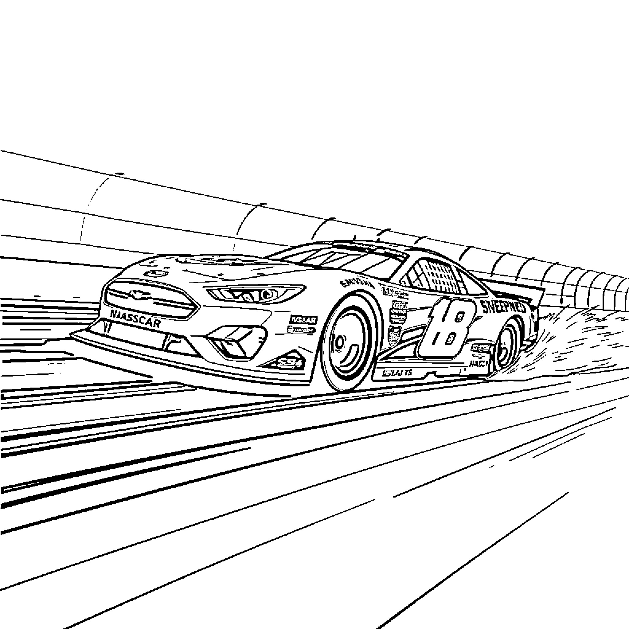 Nascar race car speeding on the track Coloring Page (free black-and-white line drawing printable PDF for all, from beginners to advanced learners, including children, teens, adults, and seniors)