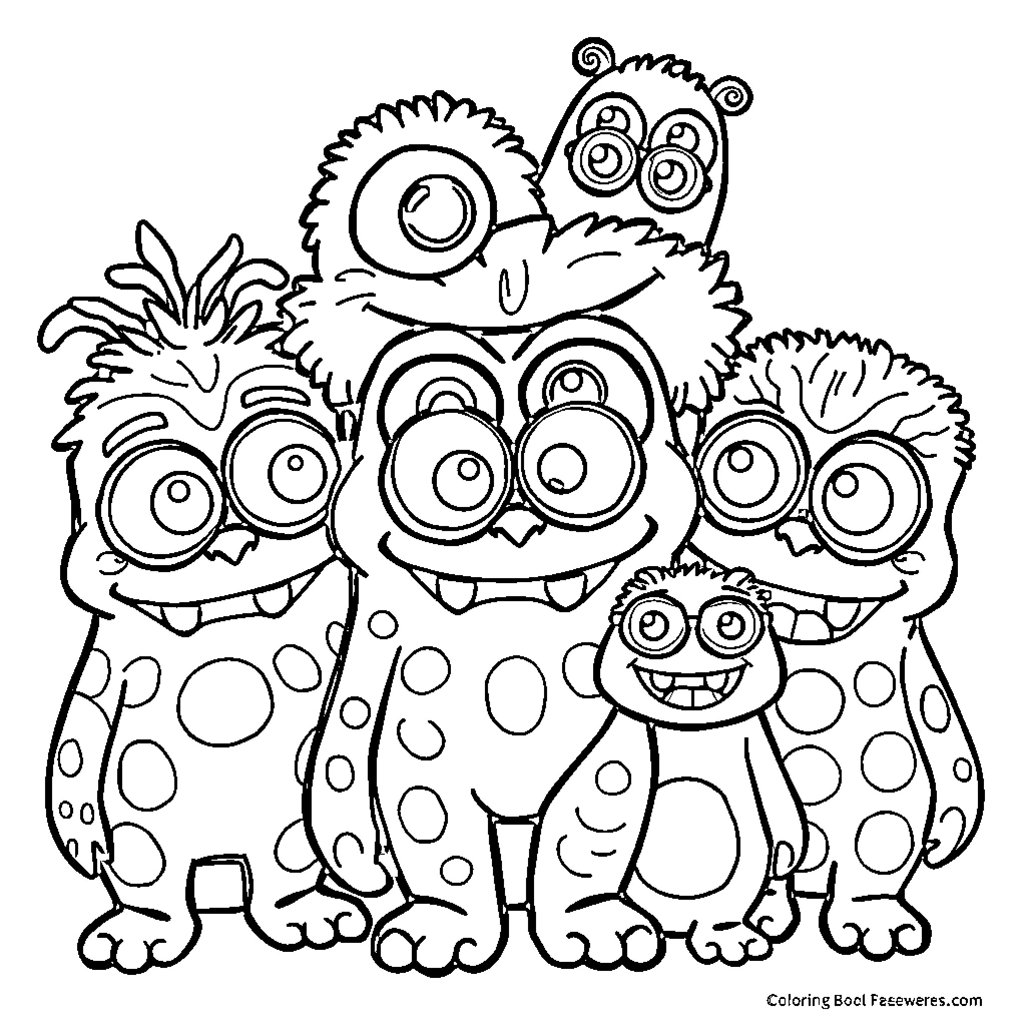 Fugglers in a Whimsical Gathering Coloring Page (free black-and-white line drawing printable PDF for all, from beginners to advanced learners, including children, teens, adults, and seniors)